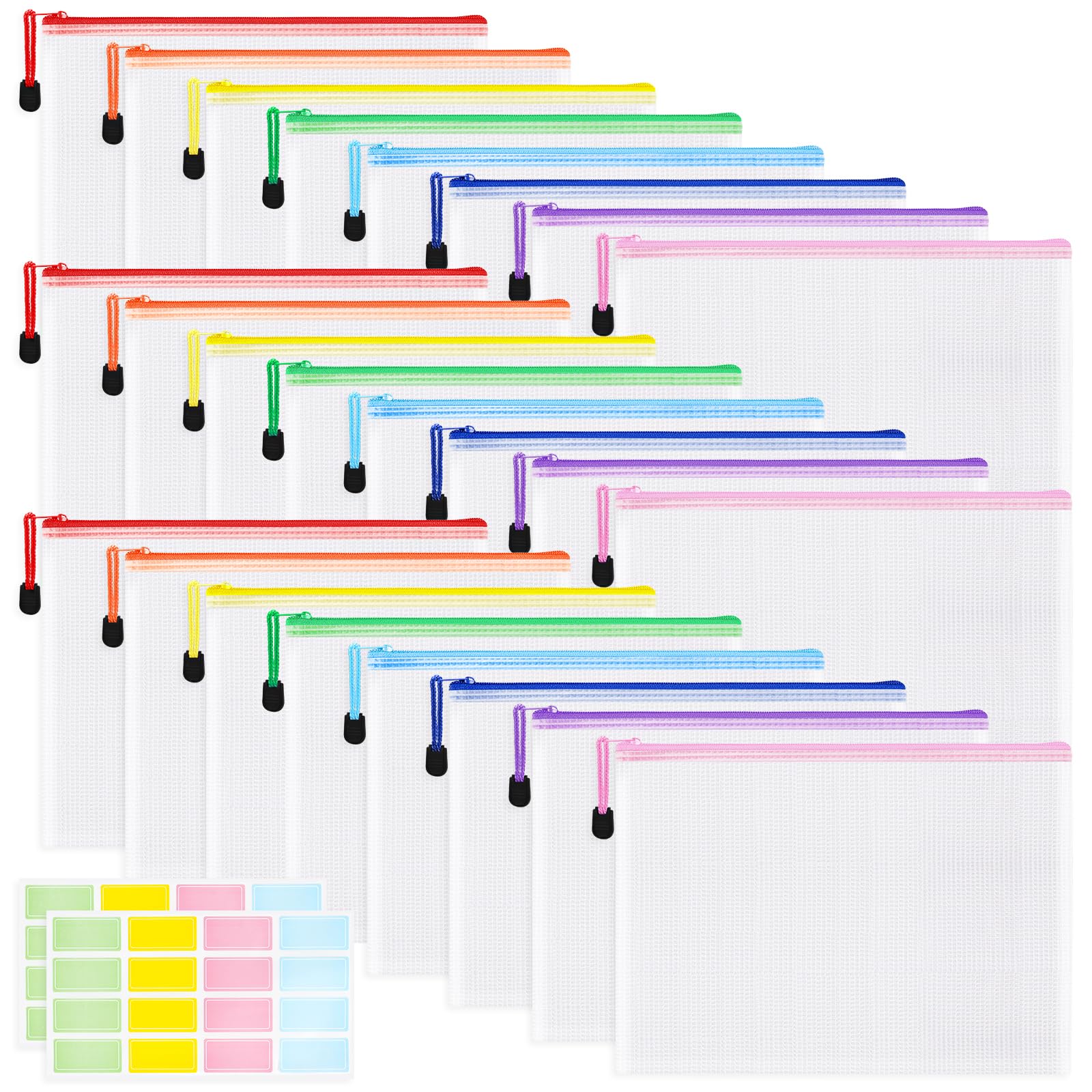 24-Pack A4 Size Mesh Plastic Zipper Pouch Bags - Waterproof Storage Organizer for Board Games, Puzzles, School & Office Supplies | Perfect for Classroom Organization, Travel & Craft Storage