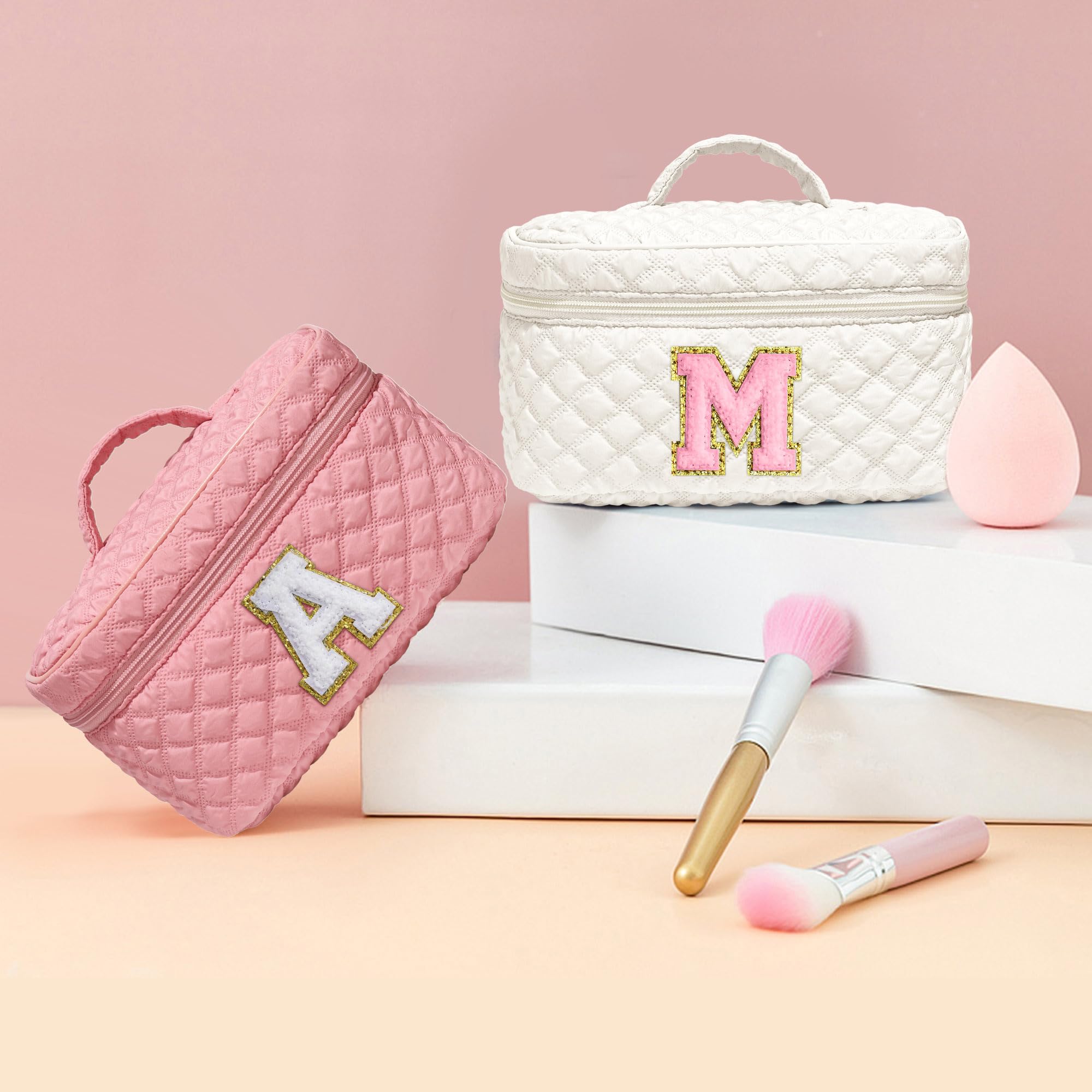 YOOLIFE Personalized Initial Makeup Bag Set - Large & Small Travel Cosmetic Bags for Women | Perfect Birthday Gifts for Her, Best Friend, Bridesmaid Proposal | Great for Travel, Daily Makeup Storage & Gift Giving Occasions