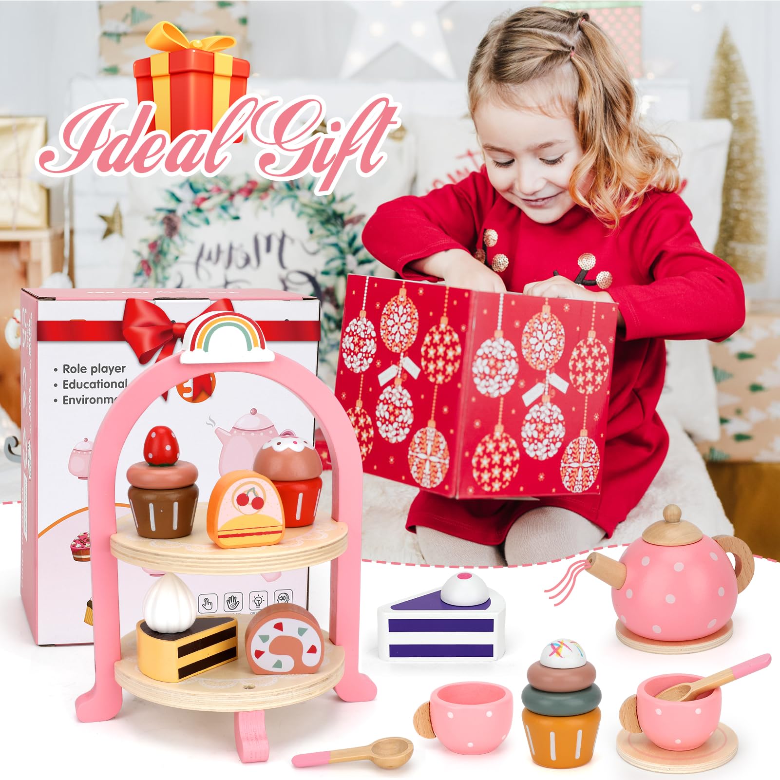 Wooden Tea Party Set for Girls - Pretend Play Kitchen Toy with Tea Cups & Treats, Perfect Birthday Gift for Toddlers & Kids Ages 3-7 - Ideal for Imaginative Play, Tea Time Fun & Social Skills Development