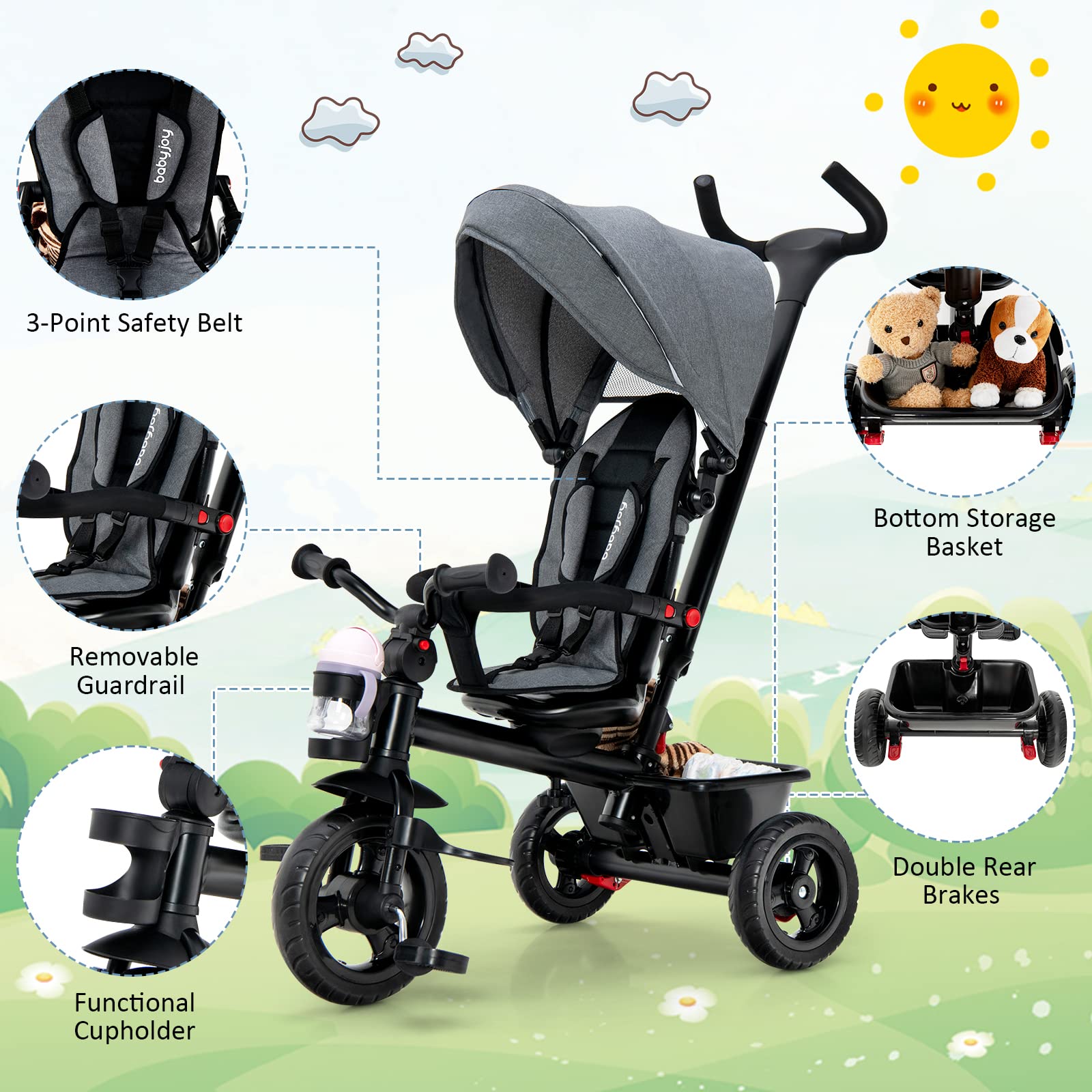 BABY JOY 5-in-1 Toddler Tricycle with Removable Push Handle, Reversible Seat & Adjustable Canopy - EVA Wheels, Cup Holder & Storage - Perfect First Bike for Kids 1.5-5 Years Old (Grey) - Great for Outdoor Play, Park Rides & Learning Balance