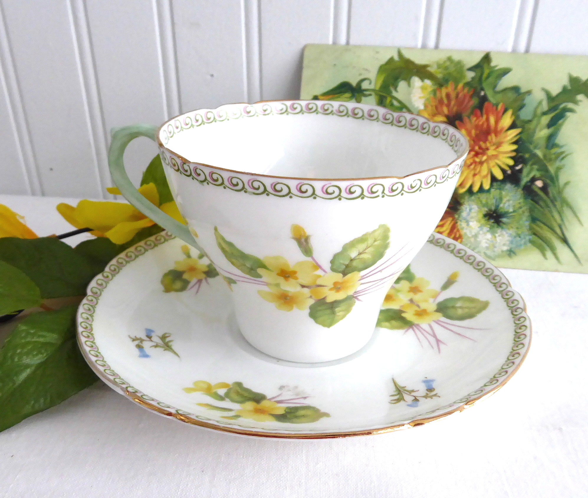 Vintage Shelley Primrose Cambridge Cup and Saucer Set with Green Handle & Gold Trim - 1950s English Fine China for Afternoon Tea & Collectible Display