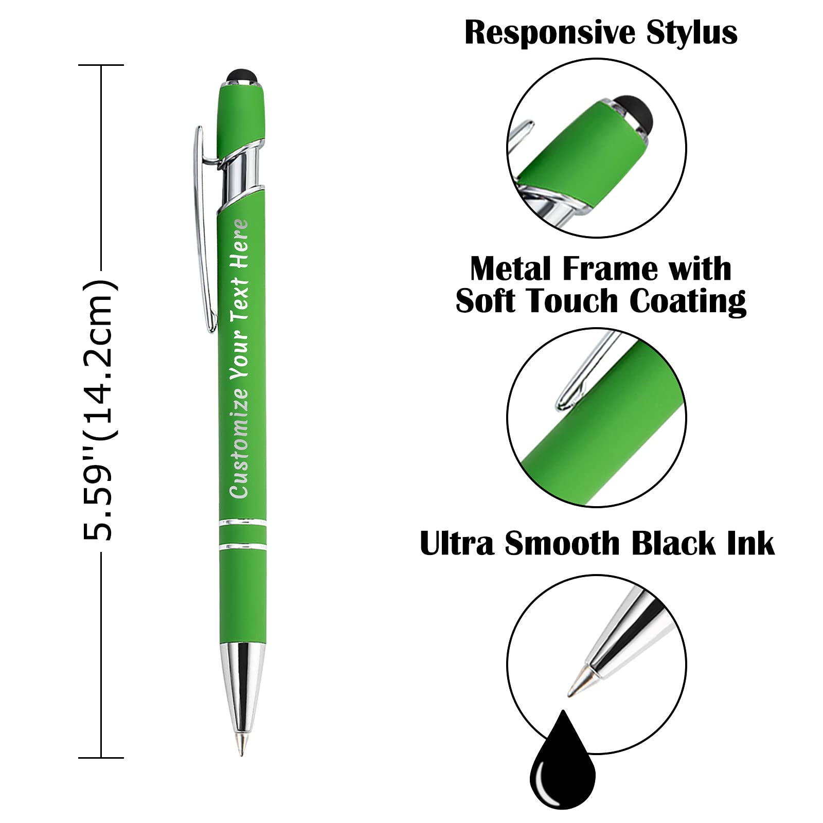 60 Custom Engraved Pens Bulk with Stylus - Personalized Metal Pens for Graduation, Birthday, Boss & Teacher Gifts - Engrave Name, Logo or Message - Soft Touch Light Green - Perfect for Office, School & Corporate Events