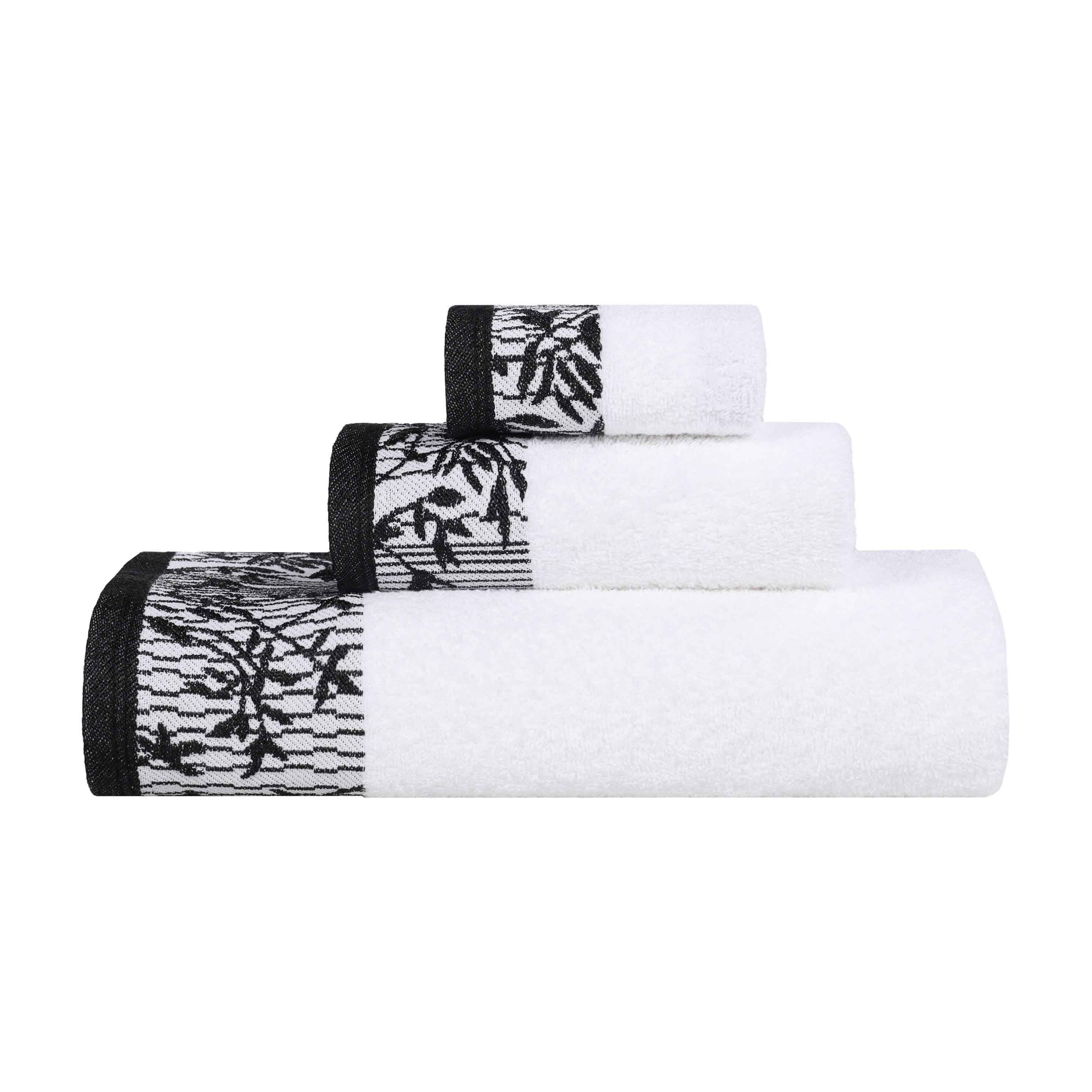Wisteria Cotton Floral Embroidered Jacquard Border 3-Piece Bath Towel Set - Soft & Absorbent for Spa, Bathroom & Guest Room Decor
