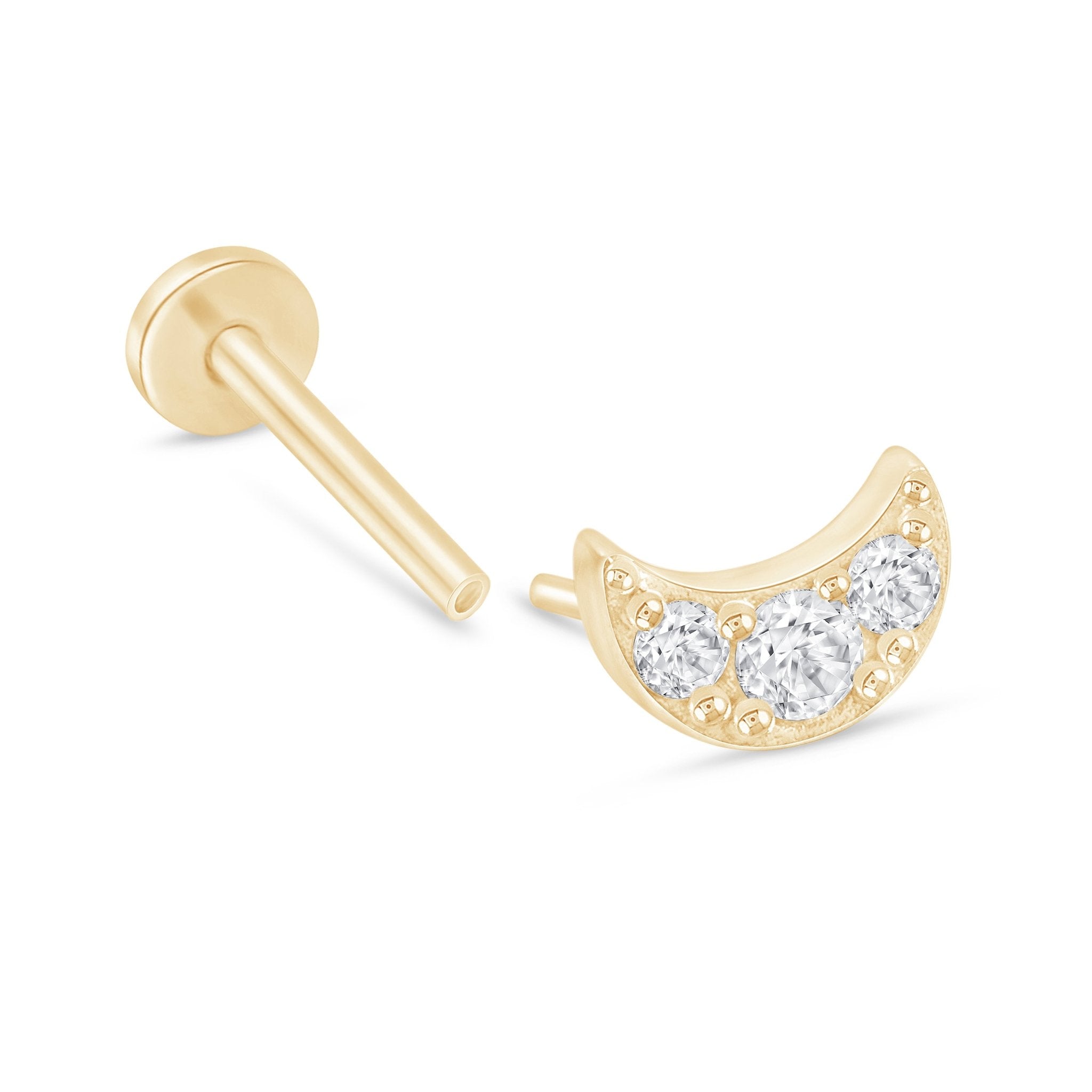 14K Yellow Gold Crescent Moon Stud Earrings with Gemstones | Flat Back Design for Comfort | Perfect for Everyday Wear, Gifts & Special Occasions