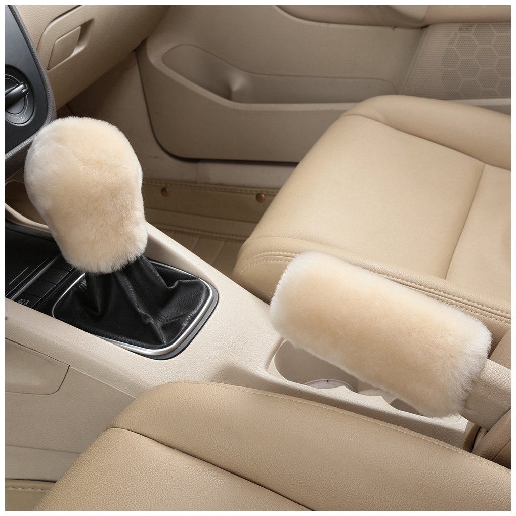 Dotesy 3-Piece Genuine Sheepskin Steering Wheel Cover Set with Gear Shift & Handbrake Covers - Universal Fit for 15 Inch Wheels (Pearl White) | Premium Australian Wool Car Accessories for Comfort & Grip in All Seasons | Perfect for Road Trips, Winter Driving & Luxury Vehicle Protection