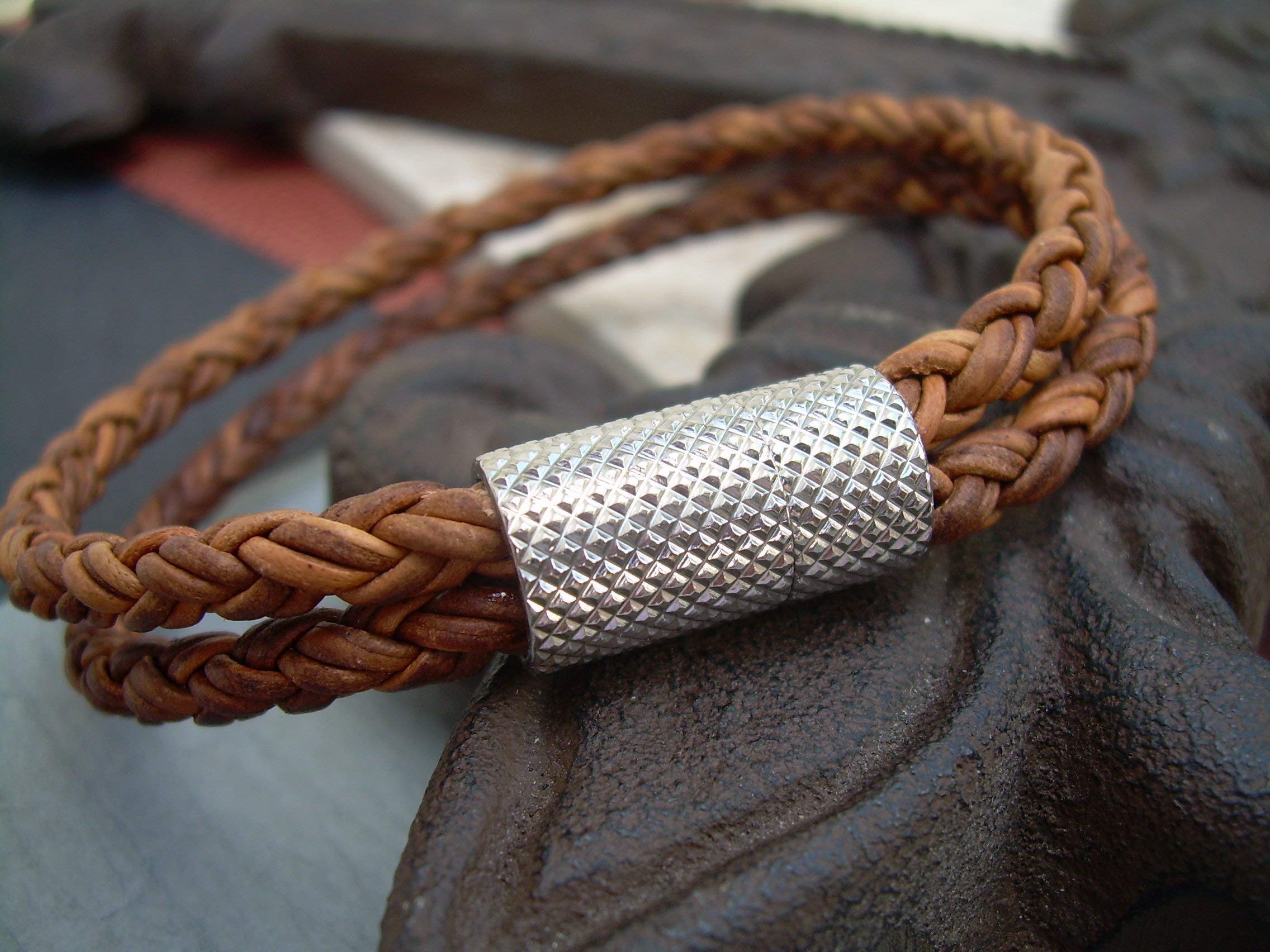 Men's Braided Leather Cuff Bracelet - Double Strand Natural Light Brown with Stainless Steel Magnetic Clasp - Stylish Men's Jewelry Gift for Casual & Formal Occasions