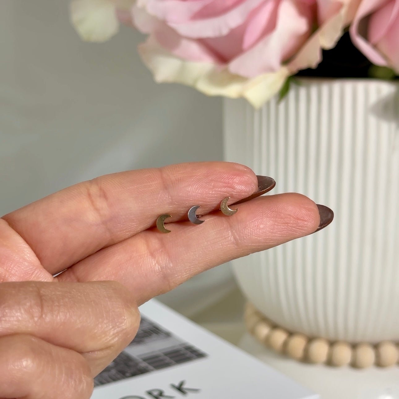 14K Rose Gold Crescent Moon Flat Back Stud Earrings for Women - Minimalist Dainty Jewelry for Everyday Wear, Gifts, and Special Occasions