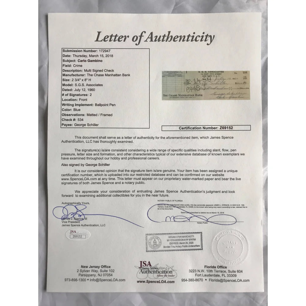 Authentic Carlo Gambino Signed Personal Check with JSA COA - Framed Mafia Crime Family Memorabilia - Perfect for Collectors, Mob History Enthusiasts & Unique Wall Decor