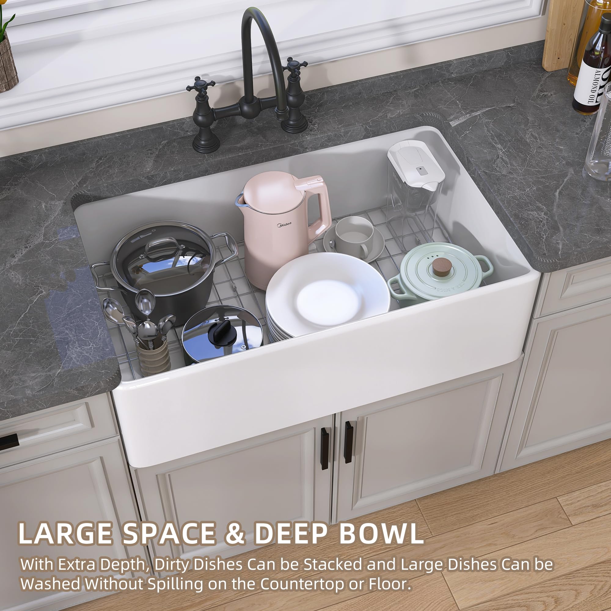 GETPRO 33 Inch White Fireclay Farmhouse Sink - Undermount Apron Front Single Bowl Kitchen Sink with Accessories - Perfect for Modern Farmhouse, Rustic, and Country Style Kitchens