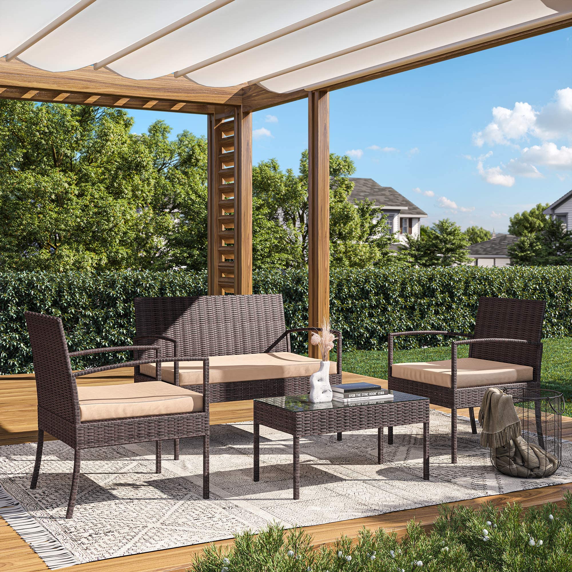 BELLEZE 4-Piece Outdoor Patio Furniture Set - Rattan Wicker Sofa, Chairs & Table with Cushions for Garden, Porch, Poolside or Backyard - Brown Conversation Bistro Set for Relaxing & Entertaining