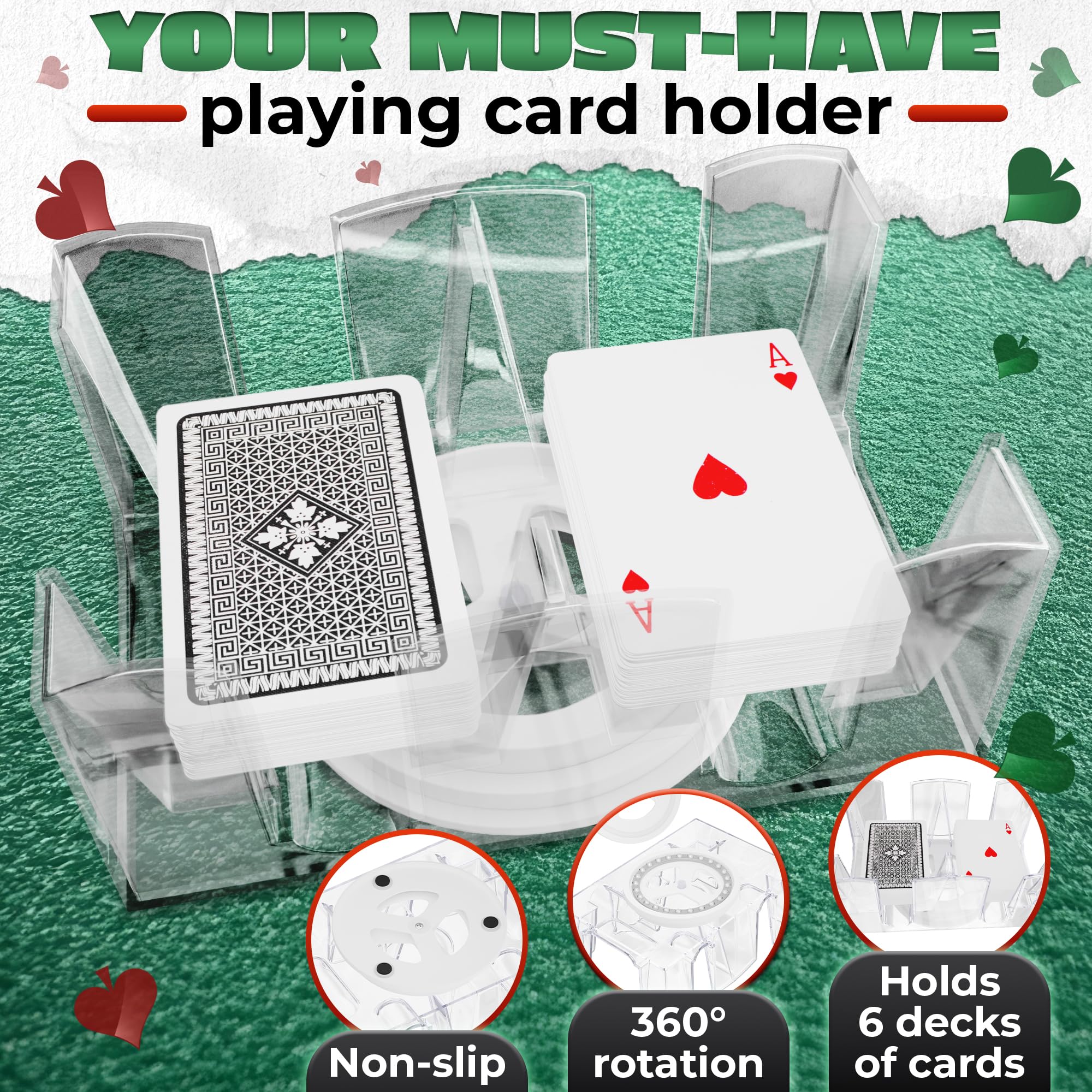 360° Rotating Dual Deck Poker Card Holder - Clear Acrylic Canasta & Casino Card Tray for Poker, Blackjack, and Card Games - Perfect for Game Nights, Casinos, and Family Gatherings