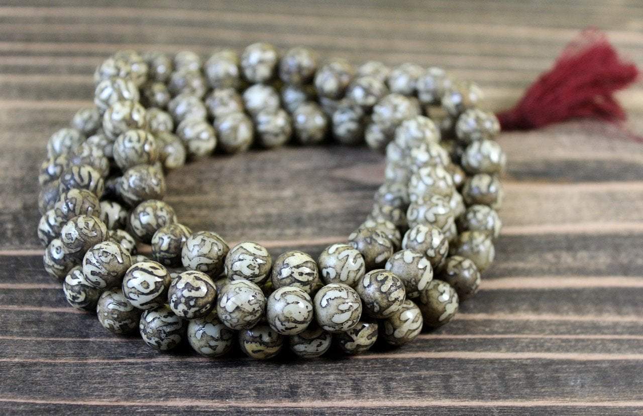 10mm Hand Carved Naga Shell Om Mani 108 Mala Beads - Buddhist Prayer Necklace for Meditation, Yoga & Spiritual Healing | Authentic Natural Shell Beads with Mantra Carvings