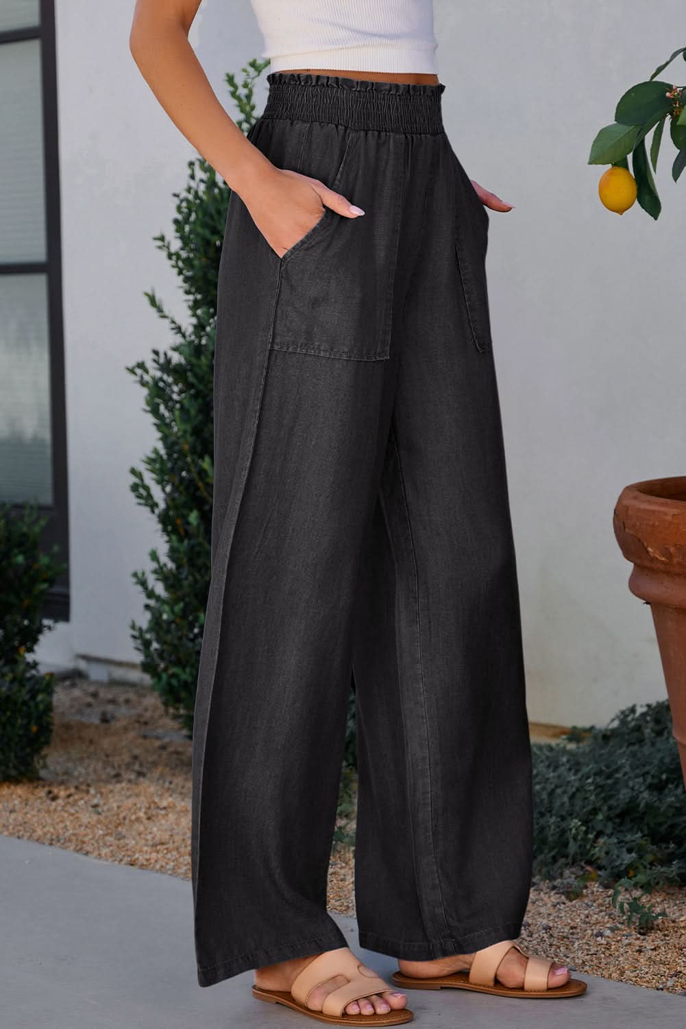 Stylish Black Wide Leg Jeans with Ruffles for Women - Perfect for Casual Outings, Office Wear & Date Nights