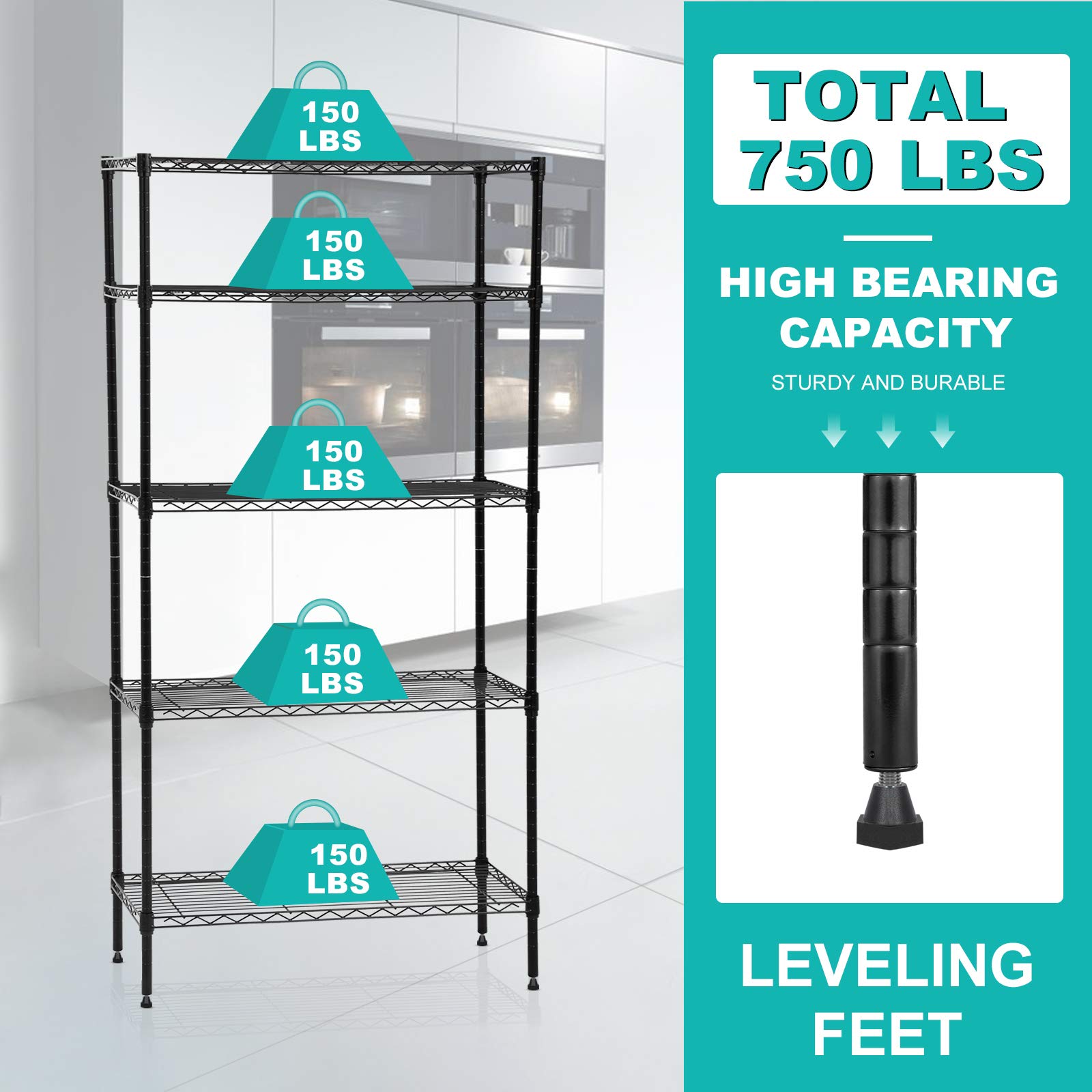 5-Tier Heavy Duty Metal Storage Shelves with Wheels - 30