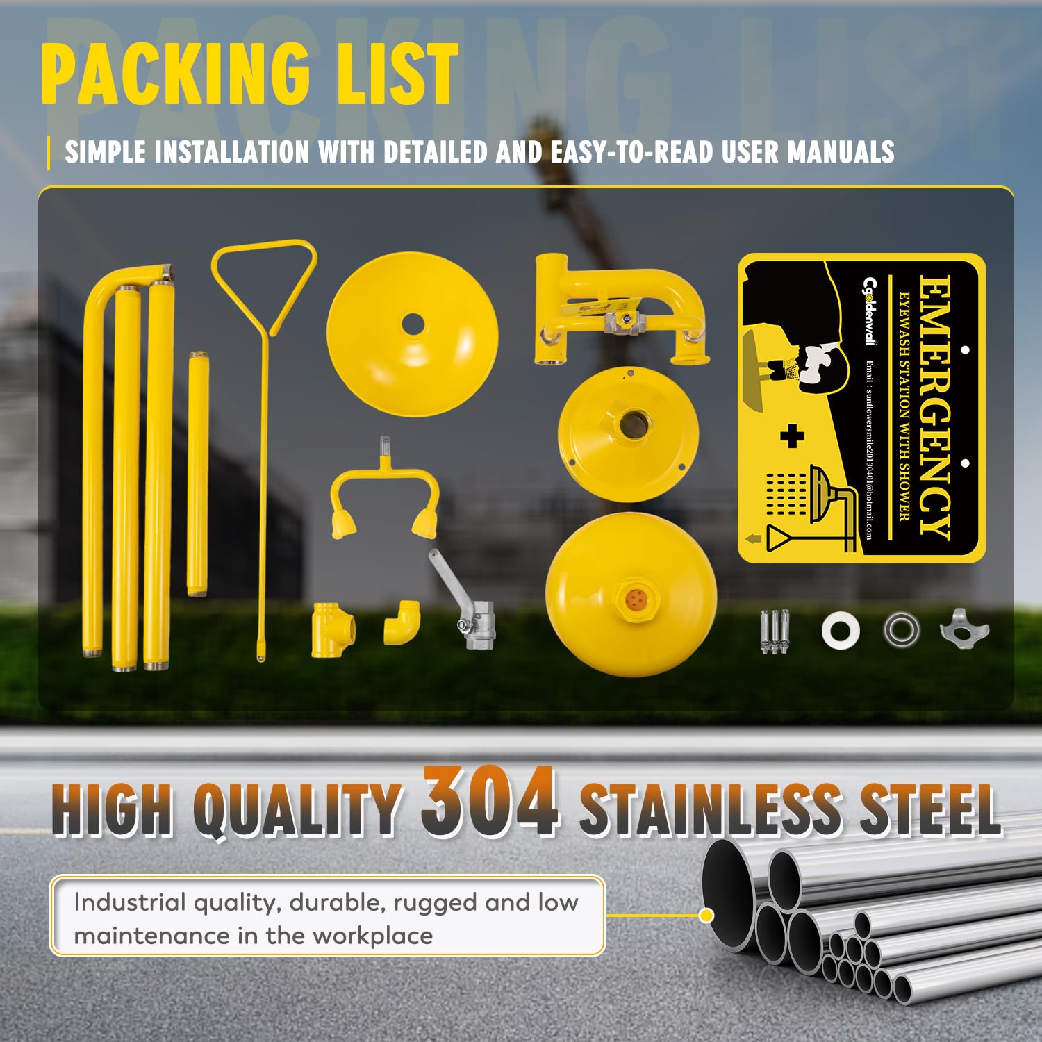 CGOLDENWALL Emergency Shower & Eye Wash Station Combo - 304 Stainless Steel with Yellow Coating, NPT Thread & Safety Sign - Ideal for Laboratories, Factories & Chemical Plants