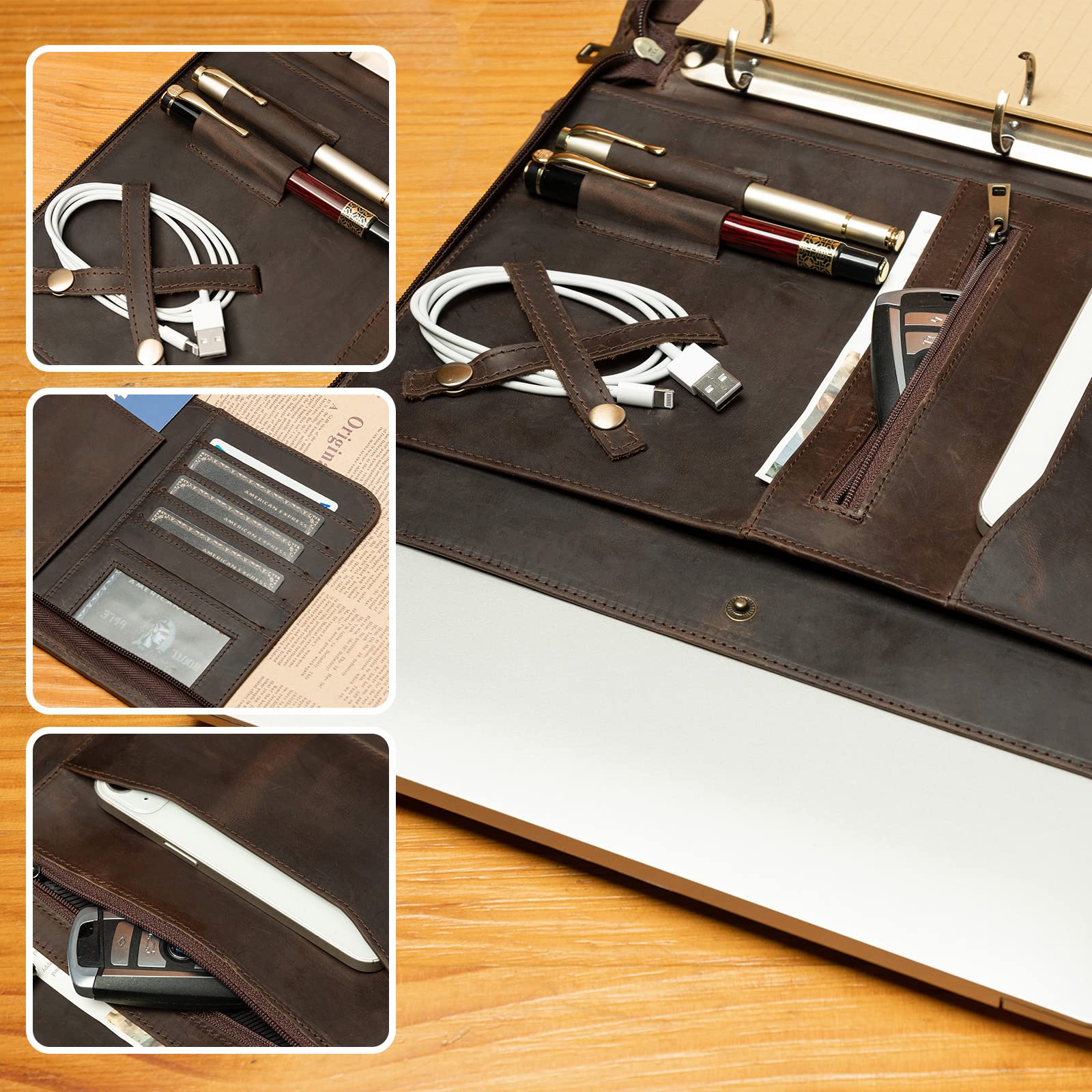 YIWEN Genuine Leather Portfolio with Zipper & 3-Ring Binder - Professional Business Organizer, Resume Folder & Tablet Notebook Holder (Dark Khaki) - Perfect for Office Meetings, Job Interviews & Business Presentations