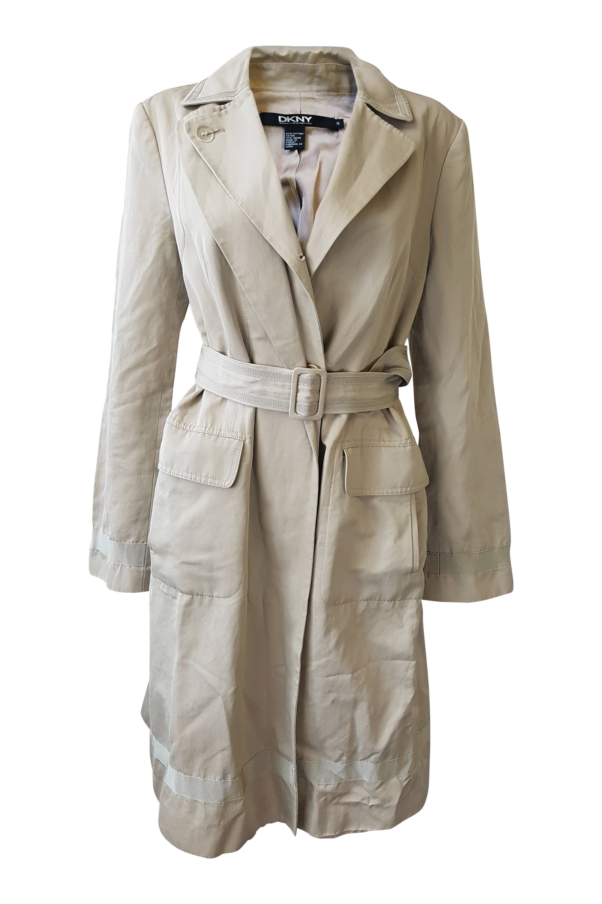 DKNY Cream Cotton Knee Length Belted Trench Coat for Women Size 14 | Classic Fall & Spring Outerwear | Office, Dating & Casual Wear