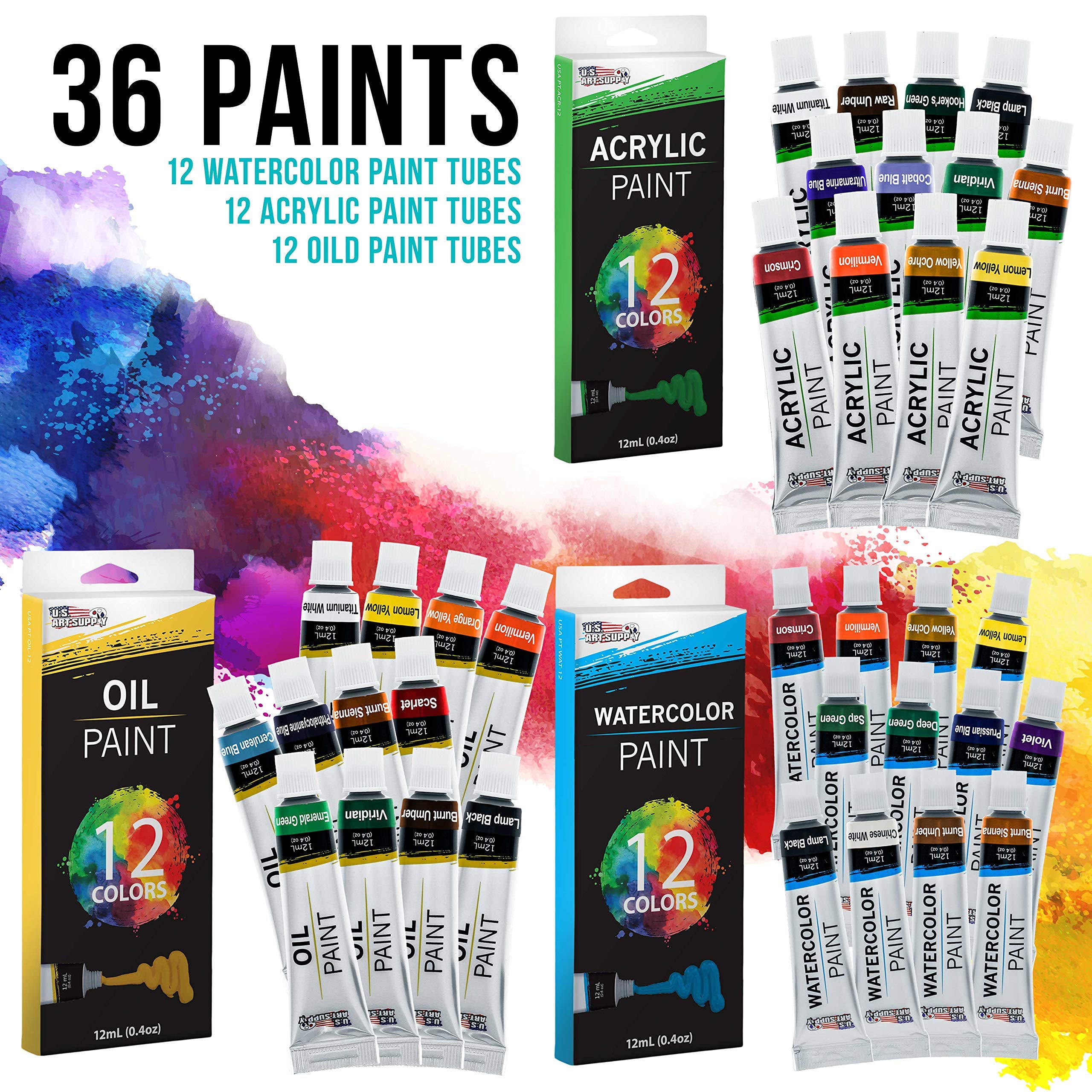 U.S. Art Supply 124-Piece Wooden Box Painting Set - Professional Oil, Acrylic & Watercolor Paints with Brushes, Pastels, Pencils, Sketch Pads & Canvas - Perfect for Artists, Students & Hobbyists - Ideal for Studio, Classroom & Outdoor Painting