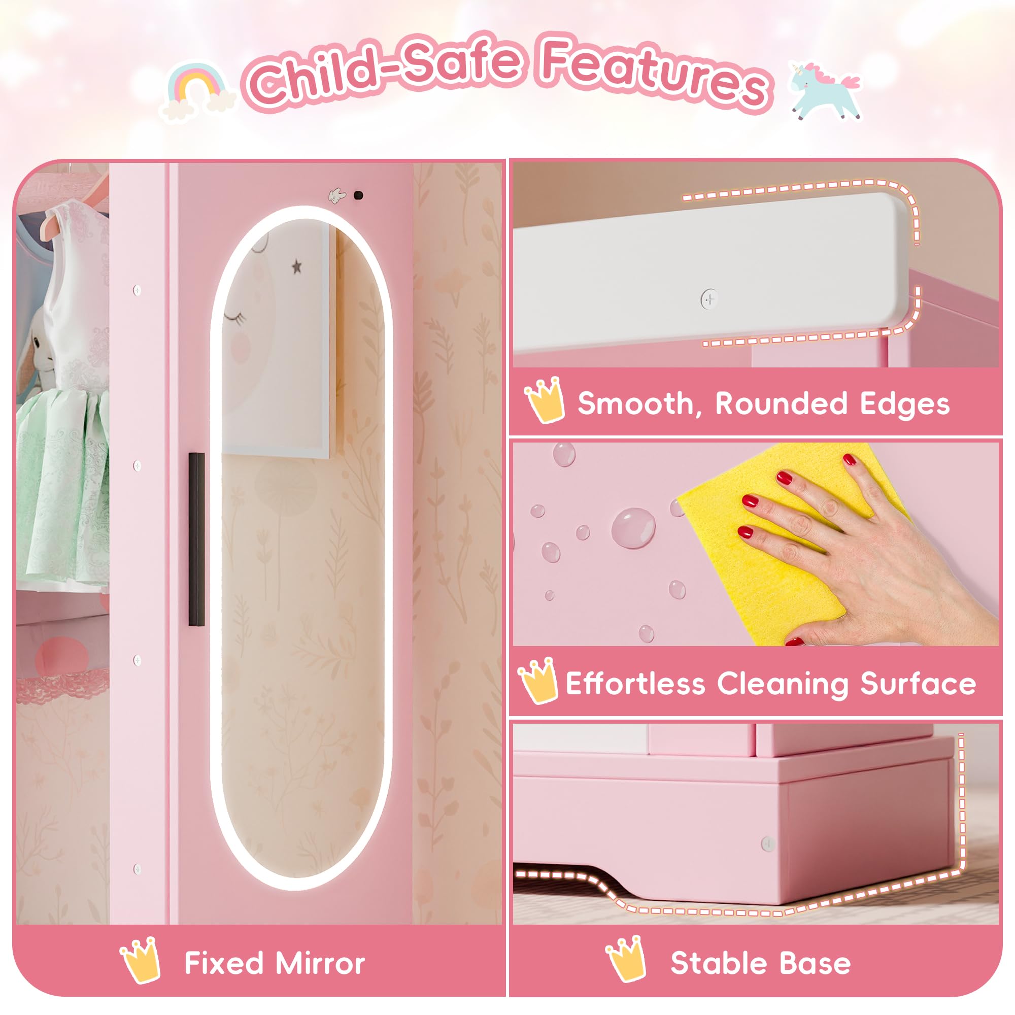 Xilingol Kids Armoire with Jewelry Cabinet & Mirror - Princess Dress Up Storage Wardrobe with Shelves - Pink Costume Organizer for Girls Bedroom & Playroom - Perfect for Birthday Gifts & Pretend Play