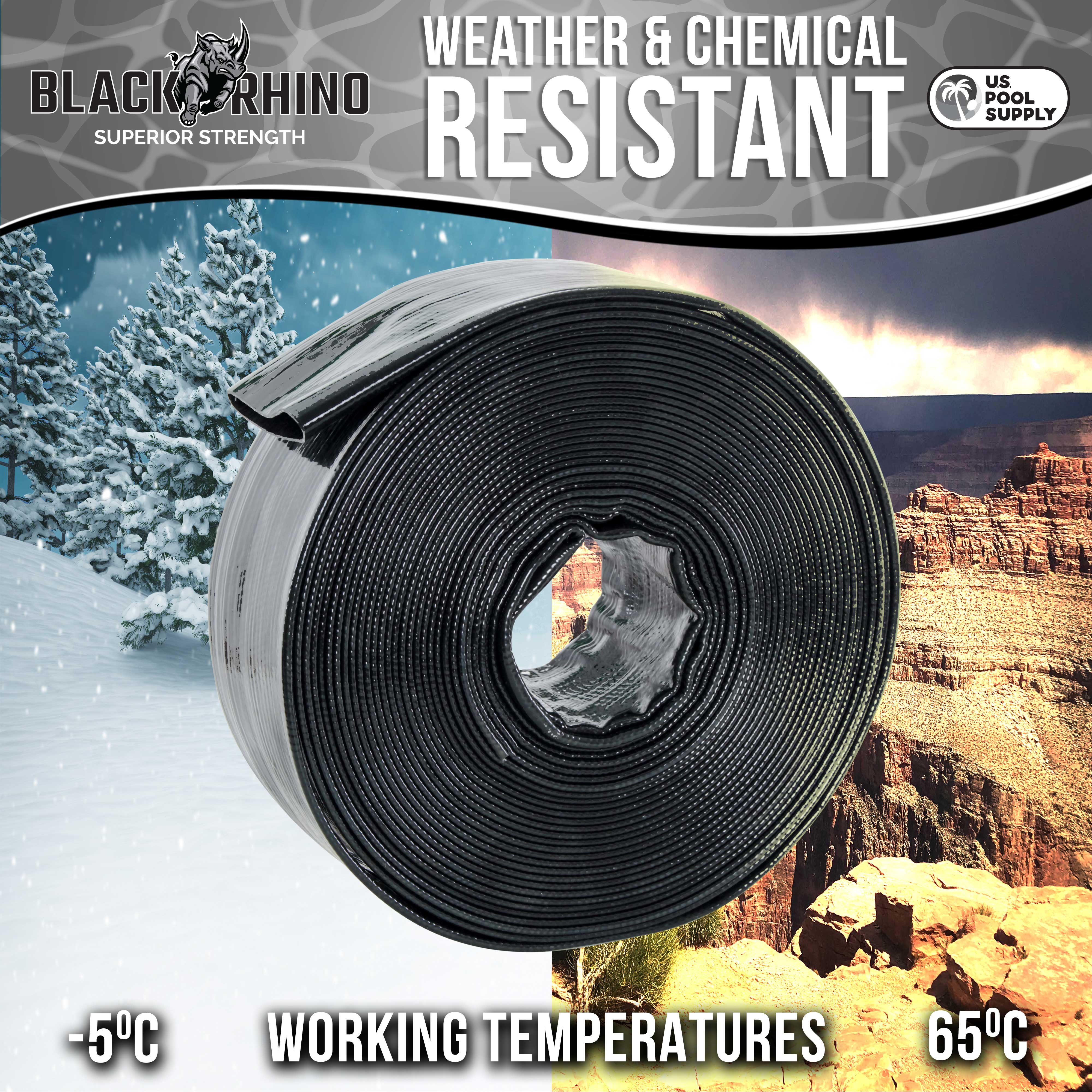 U.S. Pool Supply® Black Rhino 2-Pack 50' Heavy Duty Backwash Hose with Hose Clamp - 1.2mm Thick Weather-Resistant Pool Maintenance Hose for Inground & Above Ground Pools