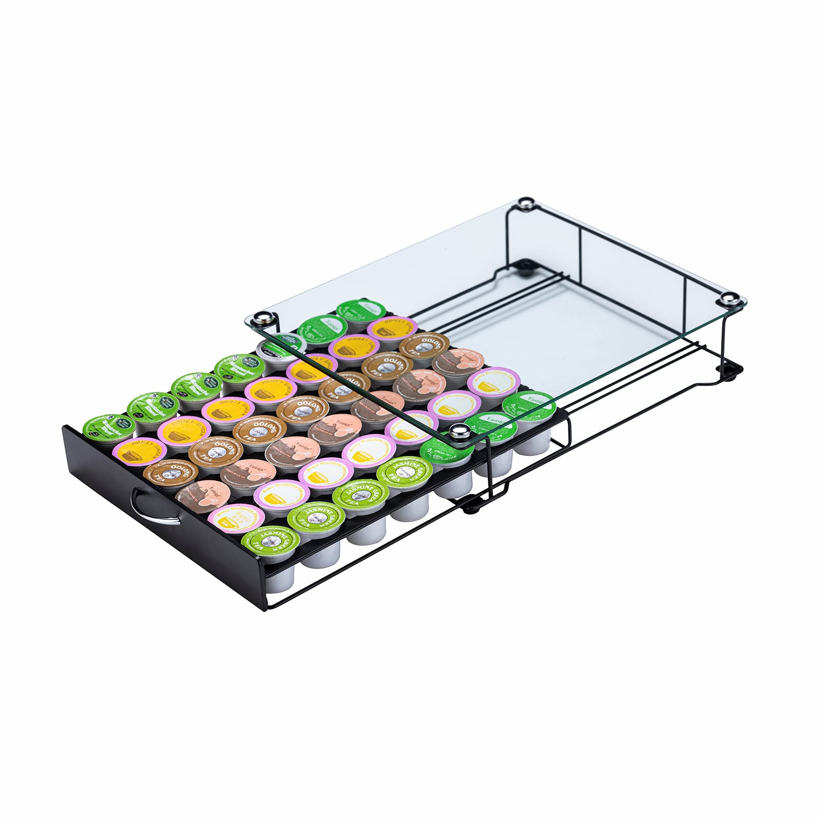 ZCDCP K Cup Holder Drawer Storage Organizer - Crystal Tempered Glass Top - Holds 42 K-Cups - Perfect for Keurig Coffee Pods - Office & Kitchen Counter Organization - Ideal for Coffee Stations, Break Rooms & Home Kitchens