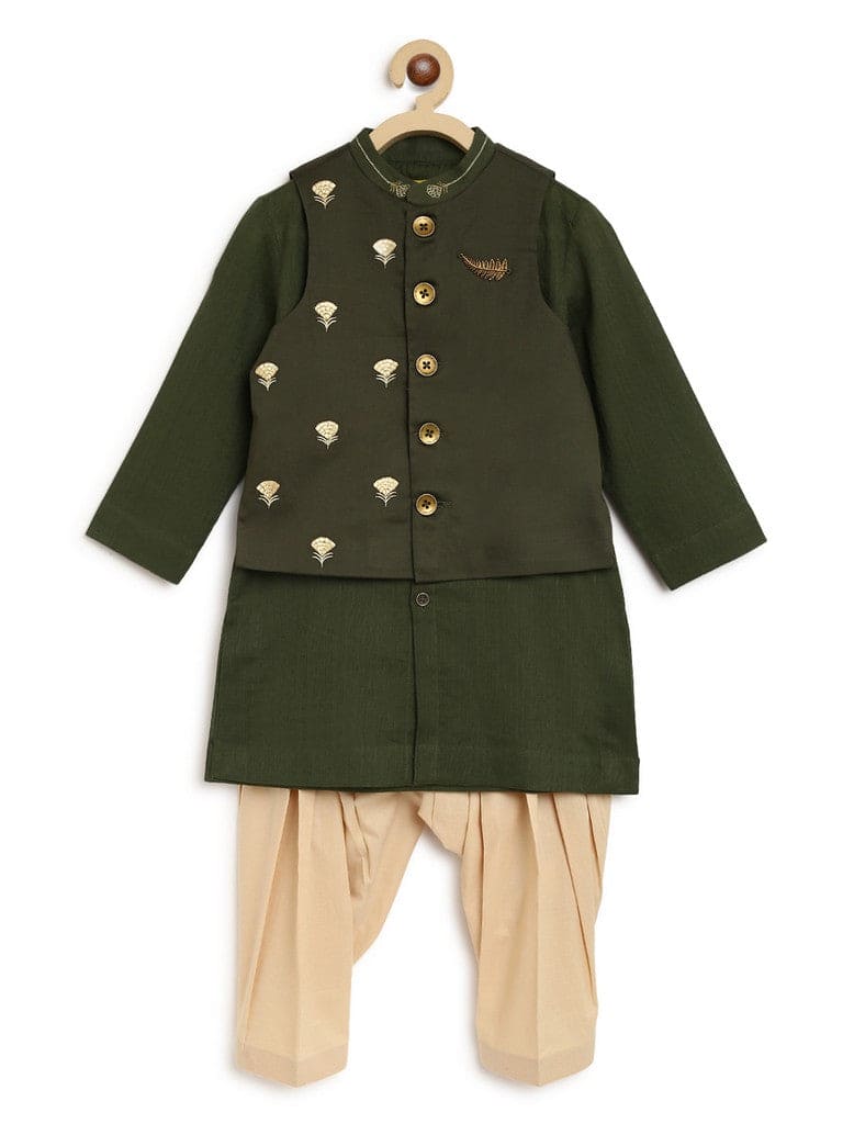Pre Order: Boys Bundi Kurta Set - Striped Green Ethnic Outfit for Festivals, Weddings & Special Occasions