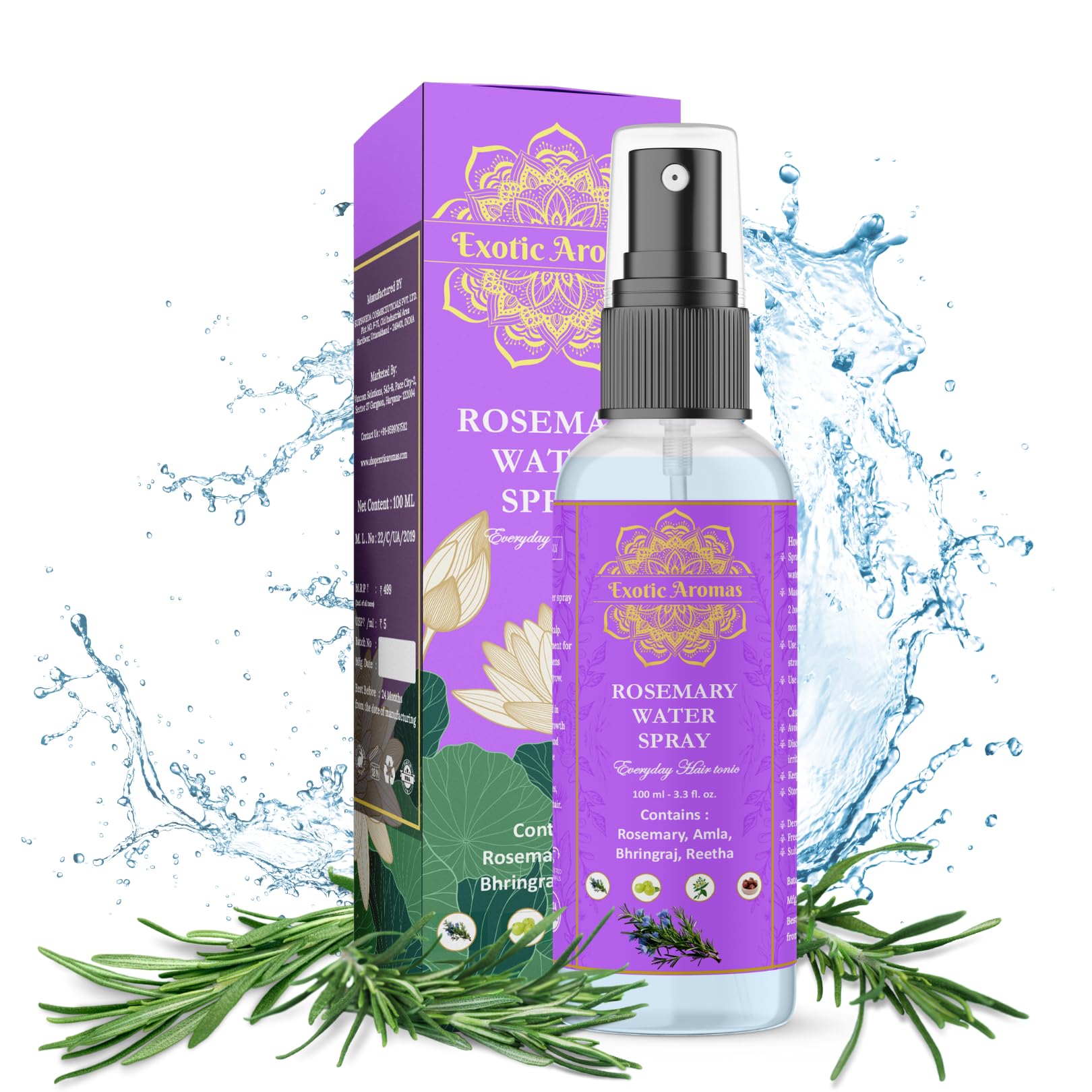 Exotic Aromas Rosemary Water Spray 100ml - Natural Hair Growth Treatment for Thicker, Shinier & Stronger Hair | Strengthens, Moisturizes & Thickens Hair | Ideal for Dry, Oily, Flaky, Thinning & Damaged Hair | Men & Women | Perfect for Daily Hair Care & Scalp Hydration