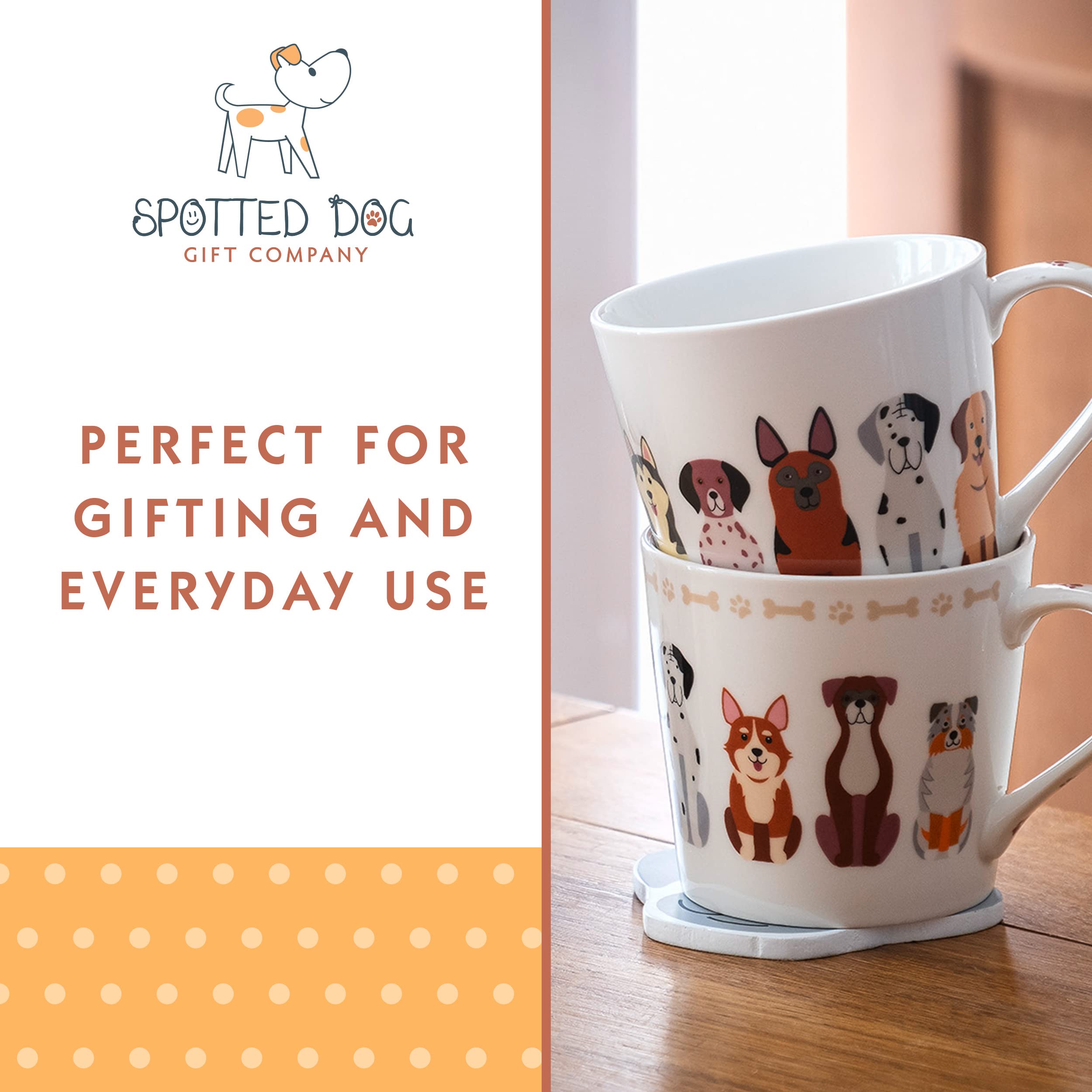 Spotted Dog Gift Company 13 oz Ceramic Coffee Mug Set - 4 Cute Dog-Themed Porcelain Tea Cups for Dog Lovers, Perfect Gift for Women & Men - Ideal for Coffee, Tea, Hot Chocolate at Home or Office