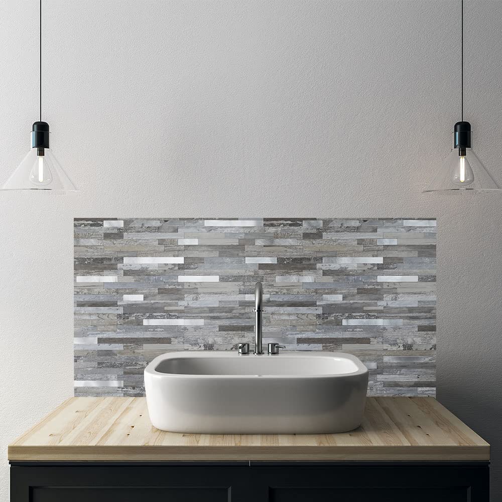 AULIGET 20 Sheets Peel and Stick Backsplash - Distressed Wood Look PVC Wall Tiles - Self Adhesive Kitchen Backsplash for Easy Installation - Perfect for Kitchen, Bathroom, Laundry Room & RV Remodeling