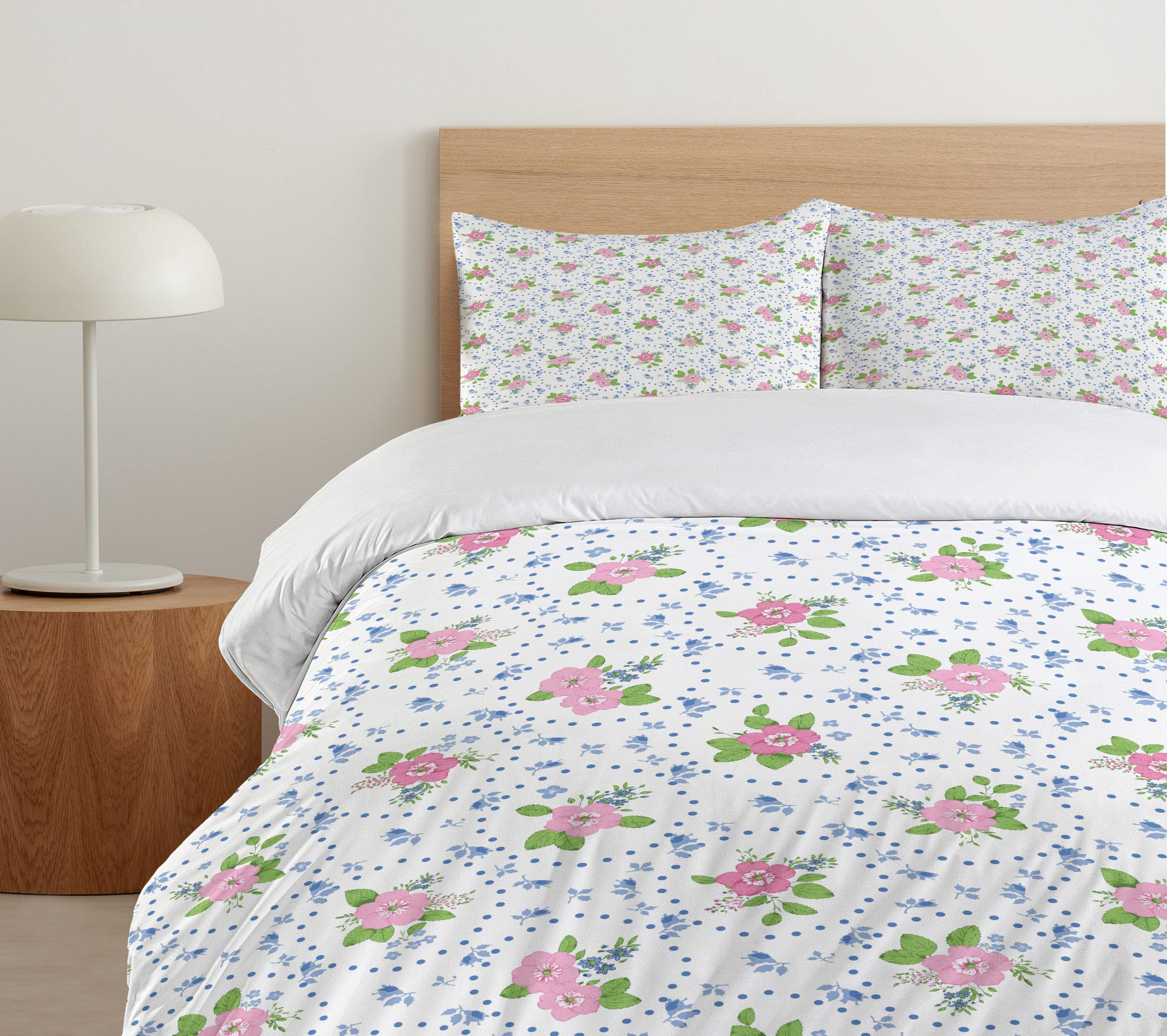 Ambesonne Shabby Floral Duvet Cover Set - Queen Size 3-Piece Bedding with Peony Flowers & Circular Bouquets Design, Pink & Blue Romantic Nature Theme for Master Bedroom Decor | Includes Duvet Cover + 2 Pillow Shams | Perfect for Spring Refresh, Guest Room Makeover & Cozy Bedroom Upgrade
