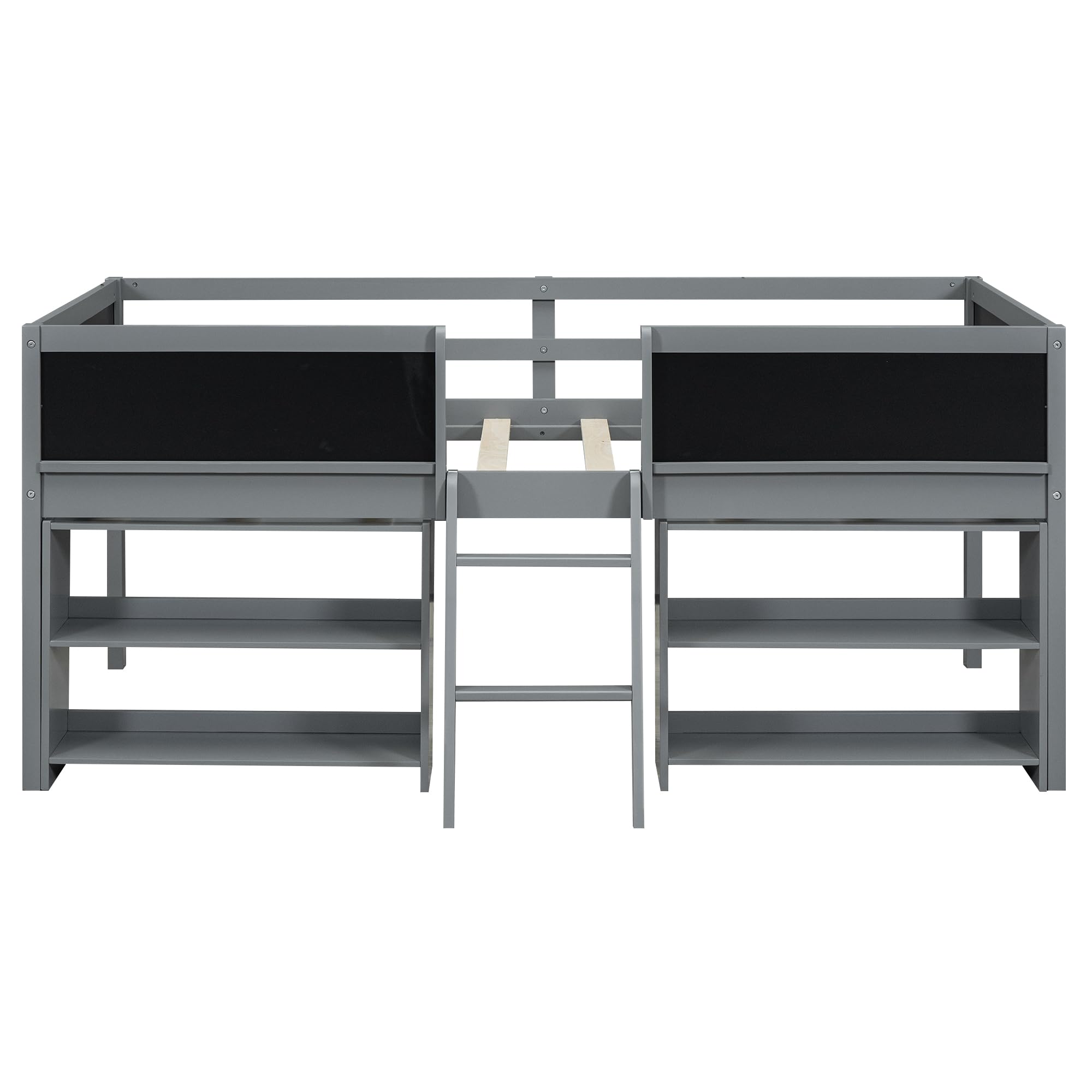 Twin Size Low Loft Bed with Movable Shelves & Guardrail - Solid Wood Kids Loft Bed Frame with Chalkboard & Storage - Space-Saving Bed for Small Rooms - Perfect for Boys & Girls Bedroom (Gray)