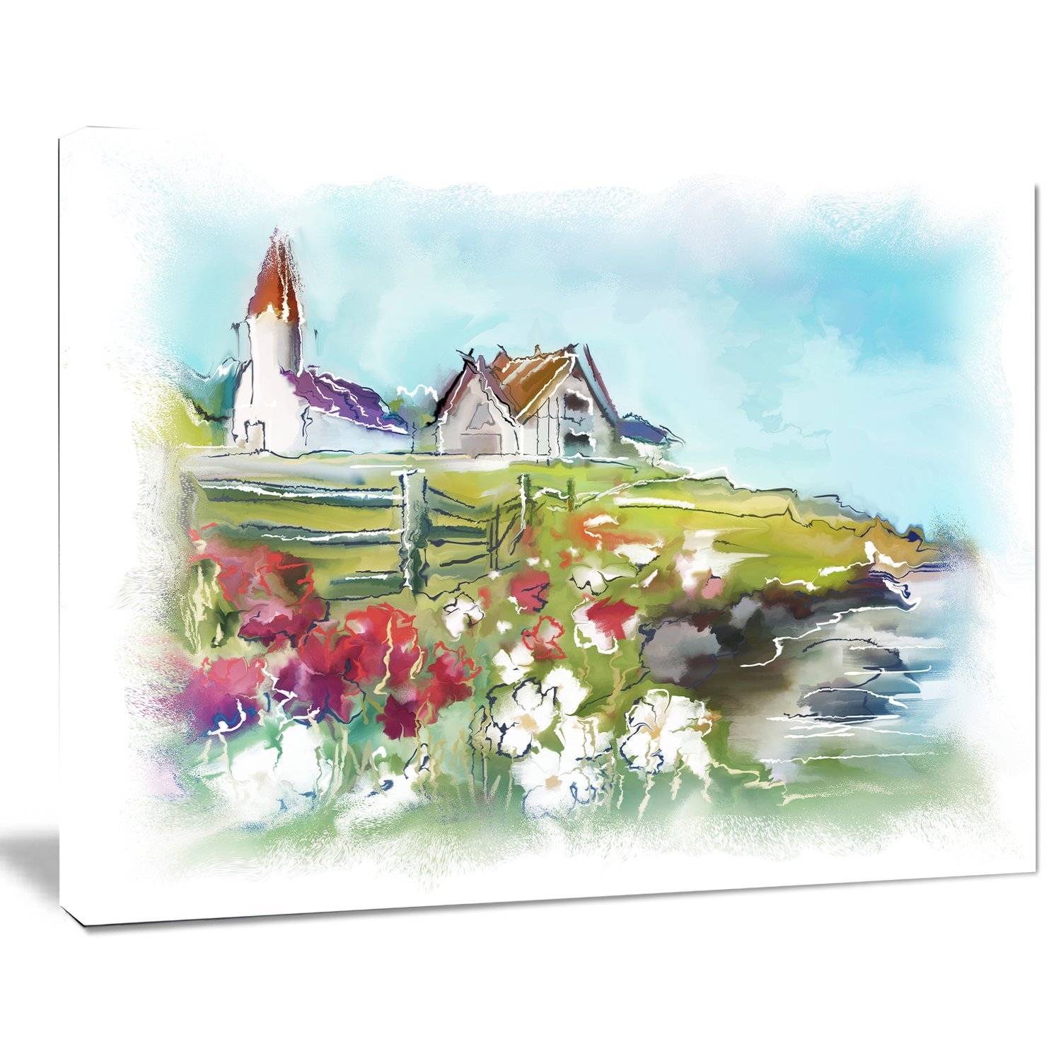 Green Meadow Landscape Painting - Buildings in Nature Canvas Print Wall Art for Living Room, Bedroom & Office Decor