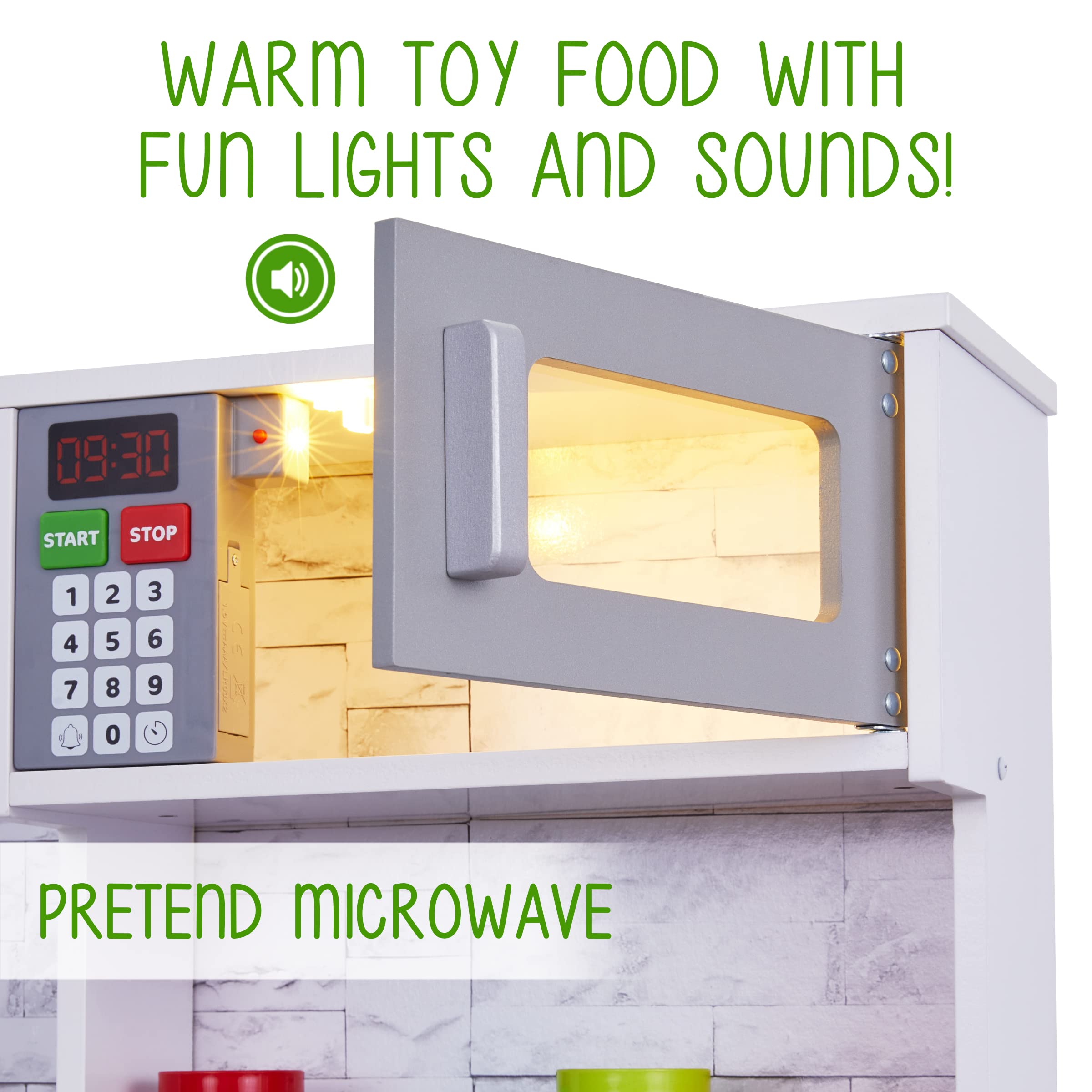 **Lil' Jumbl Kids Wooden Play Kitchen Set with Realistic Sounds & Lights - Pretend Cooking Toy with Battery-Operated Icemaker, Burners, Faucet & Microwave - Includes Pots & Pans - Perfect for Imaginative Play & Role-Playing Games (White)**