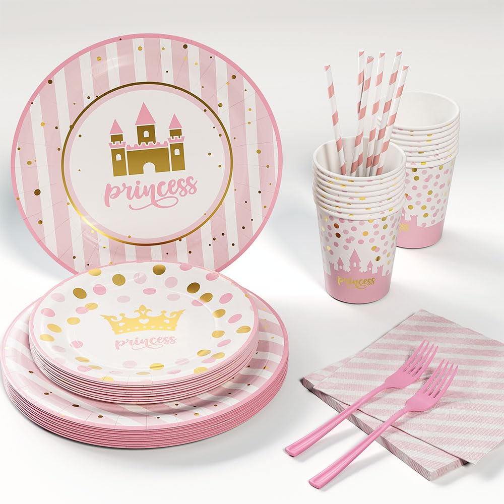 96Pcs Pink Gold Princess Birthday Party Decorations Set - Disposable Plates, Napkins, Cups, Forks & Straws - Castle Crown Theme Tableware for Girls, Baby Shower & Birthday Favors (Serves 16) - Perfect for Princess-Themed Parties, Tea Time & Special Celebrations