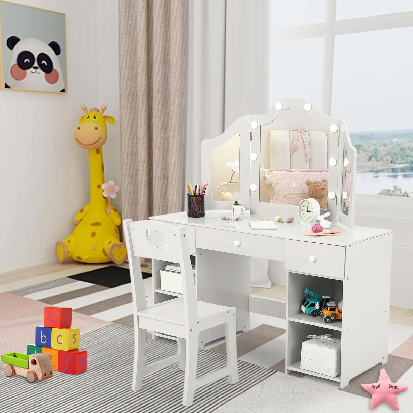 **Princess Makeup Vanity Set with Lights - Kids Vanity Desk with Storage, Touch Light & Detachable Mirror, 2-in-1 Wooden Vanity Table & Chair for Girls - Perfect for Bedroom, Playroom & Birthday Gifts**