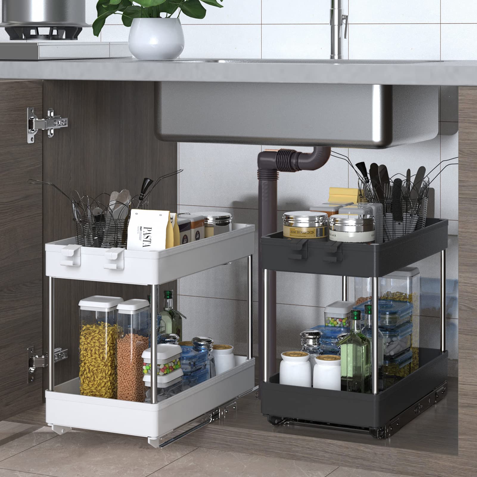 Sliding Rail Pull-Out Storage Organizer - Under Sink Cabinet Shelf with Hooks | 2-Tier Kitchen & Bathroom Storage Basket | Black Drain Rack for Countertop Organization (Includes Accessories) - Perfect for Small Space Organization & Clutter-Free Home