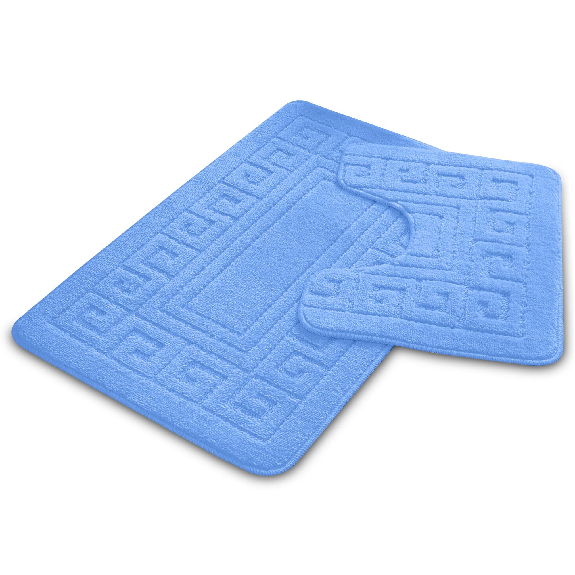 VELVETIO Non-Slip Bath Mat Set - 2 Piece Jacquard Greek Design Quick Dry Shower Rugs & Bathtub Mats - Machine Washable 100% Polypropylene Highly Absorbent Bathroom Rug Set (Blue) - Perfect for Bathroom, Shower, and Bathtub Safety