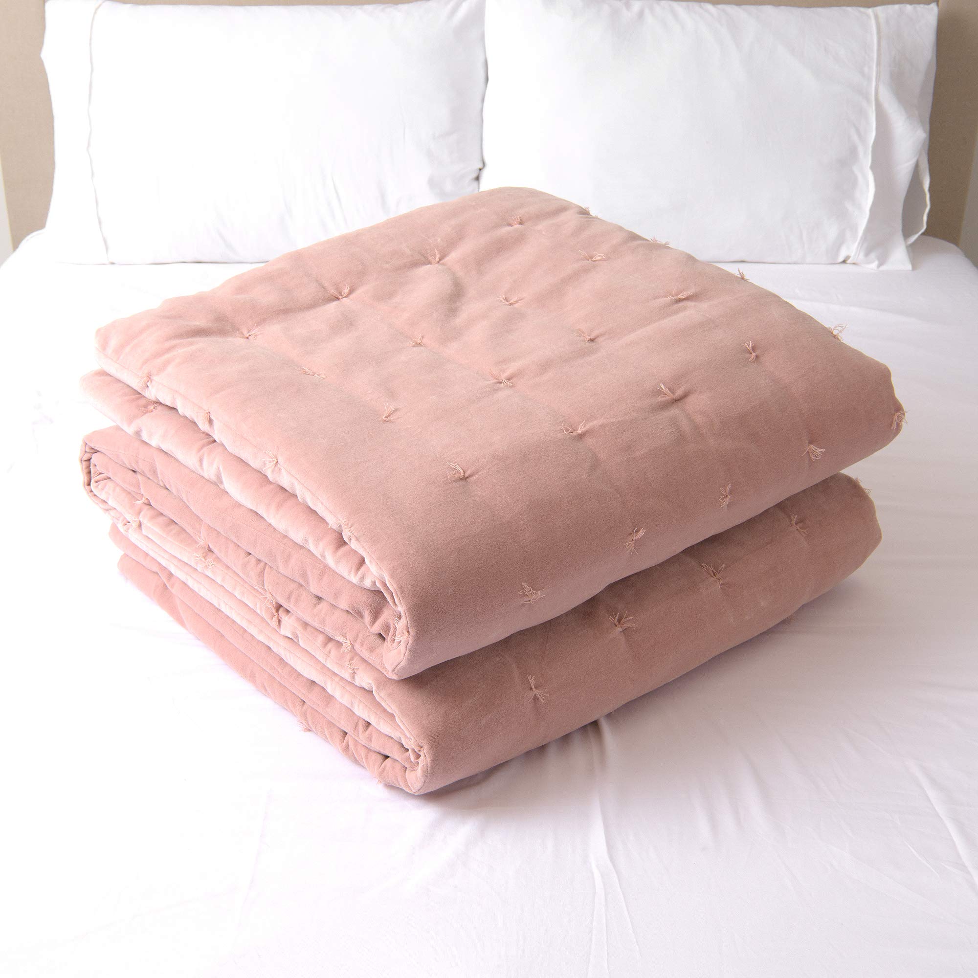 Premium Velvet & Cotton Tasseled Quilt - King Size Pink Bedding (108