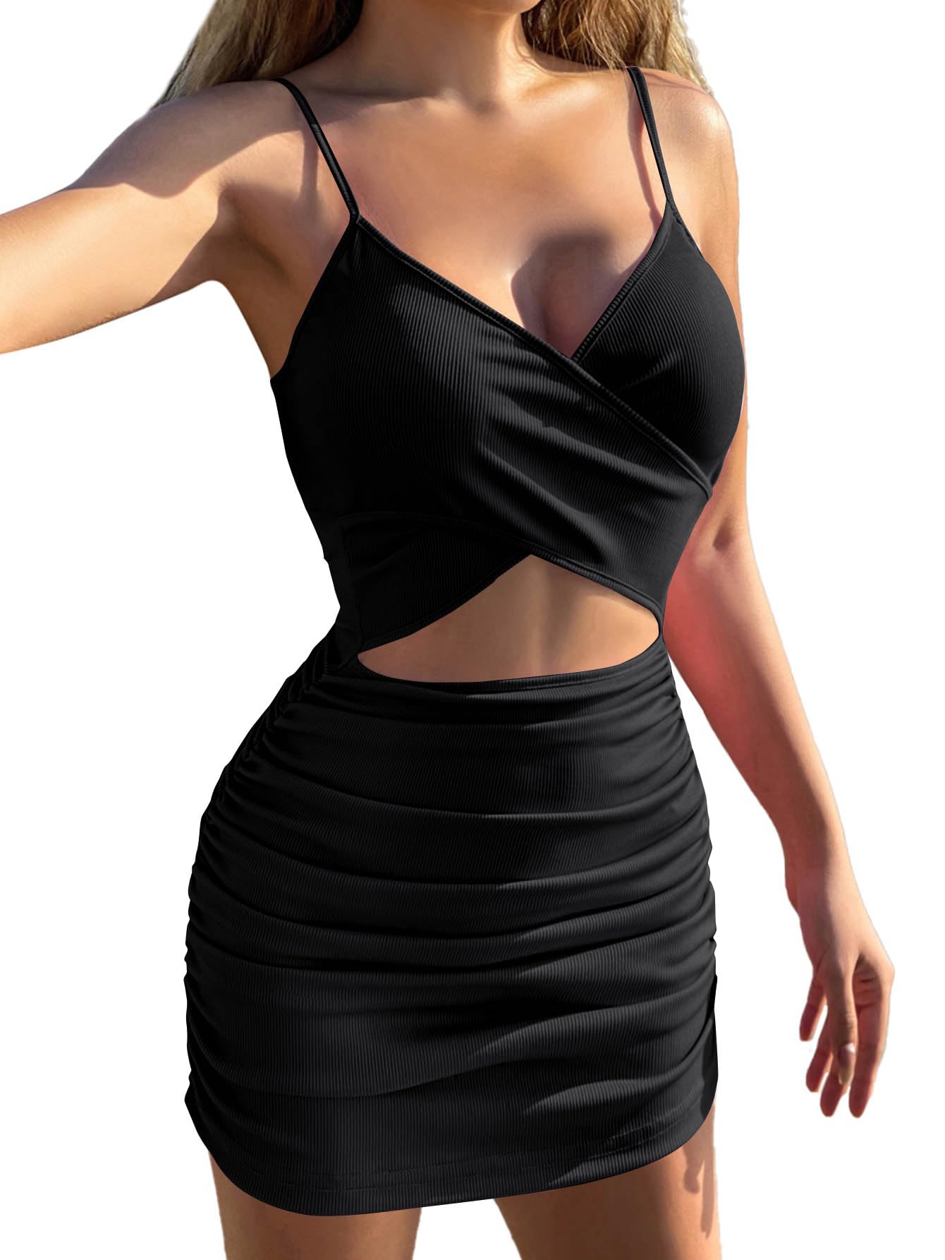 Sexy Women's Wrap V-Neck Sleeveless Spaghetti Strap Ruched Bodycon Mini Dress - Perfect for Date Night, Club Party & Summer Vacation