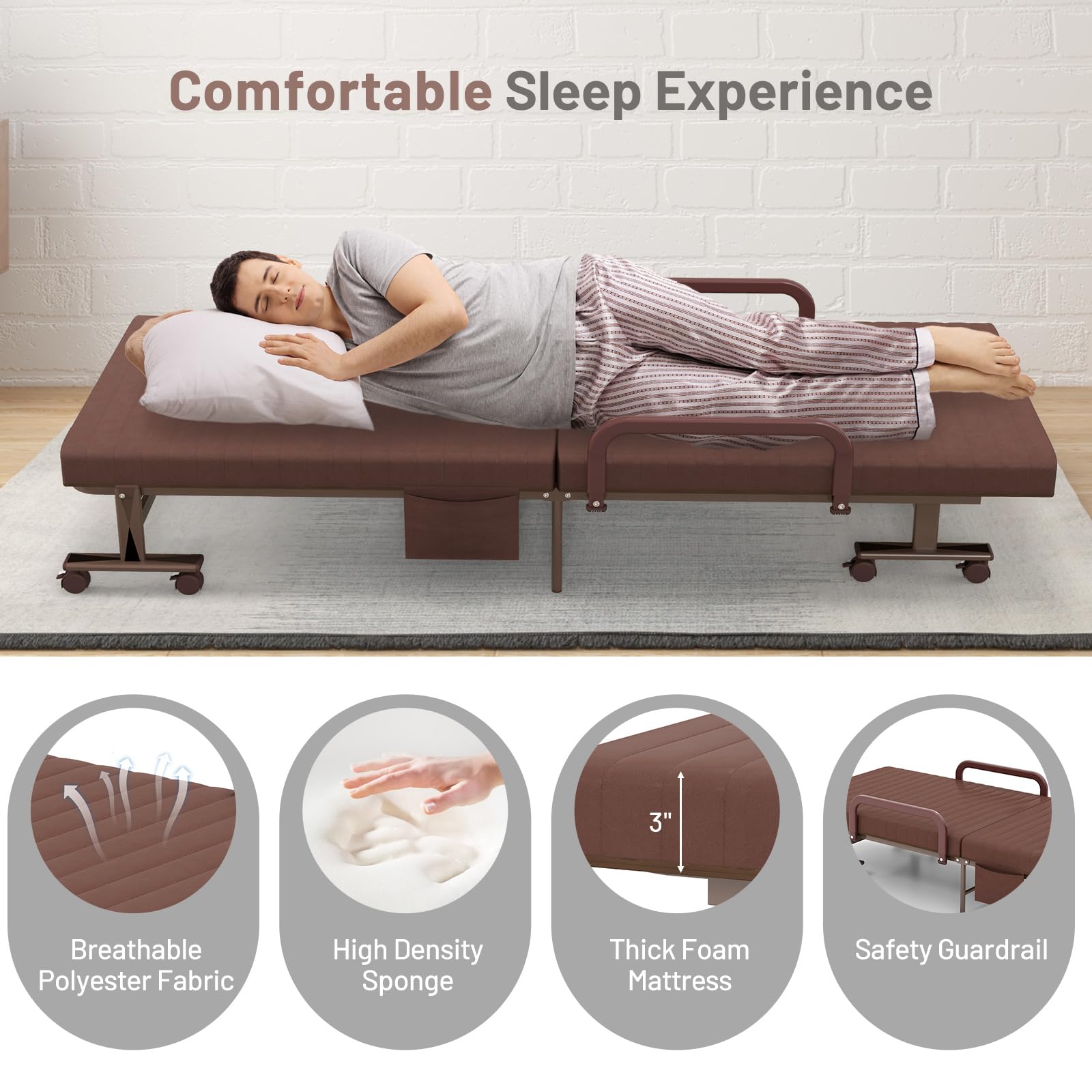 KOMFOTT Folding Rollaway Bed with Mattress - Portable Guest Bed for Adults, 6-Position Adjustable Backrest & Reinforced Steel Frame, Foldable with Side Storage Pocket - Perfect for Spare Rooms, Camping & Temporary Sleeping Solutions