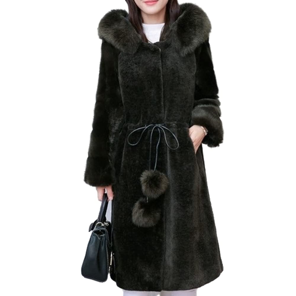 Women's Winter Faux Fox Fur Coat with Adjustable Belt & Hood - Big Fur Collar Warm Jacket in Black & Pink | Perfect for Cold Weather, Outdoor Activities & Fashion Styling