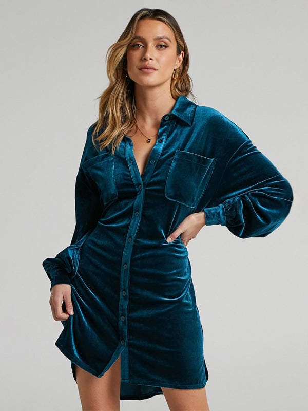 Velvet Shirt Dress with Balloon Sleeves for Women - Elegant Fall & Winter Fashion - Perfect for Office, Party & Date Night