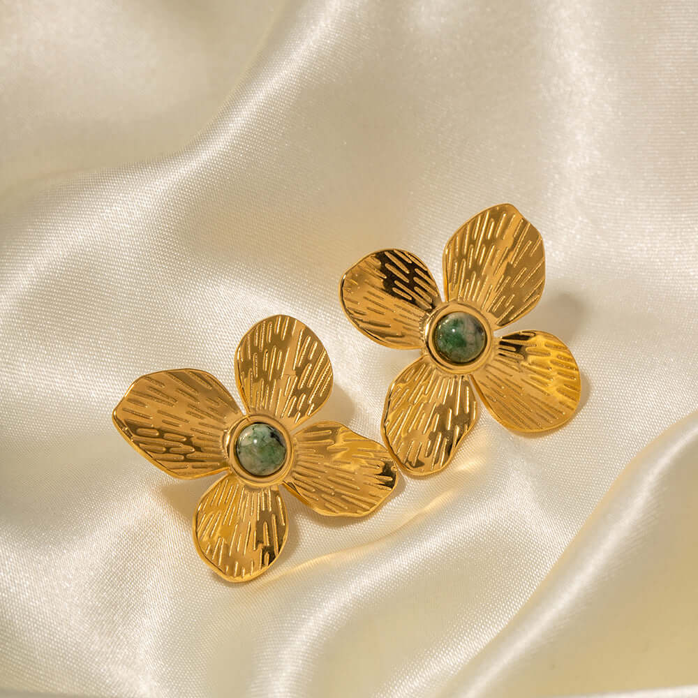 18K Gold Floral Turquoise Stud Earrings - Natural Stone Dainty Jewelry for Women | Perfect for Weddings, Parties & Everyday Elegance (JDE052)