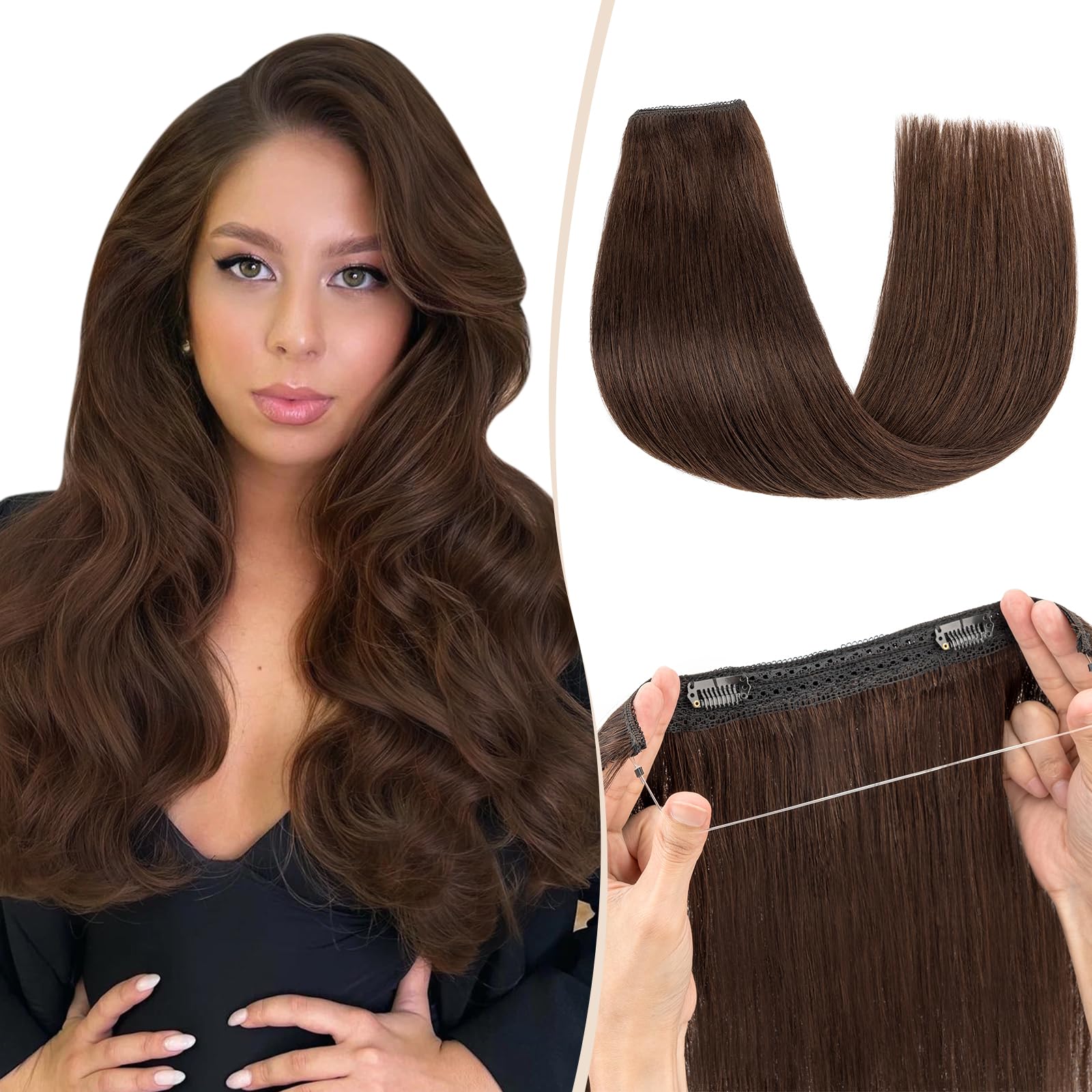 Benehair 22 Inch Real Human Hair Halo Extensions - 100% Remy Human Hair with Invisible Wire & Fish Line, Dark Brown (#2) - Perfect for Daily Wear, Special Occasions & Instant Volume Boost