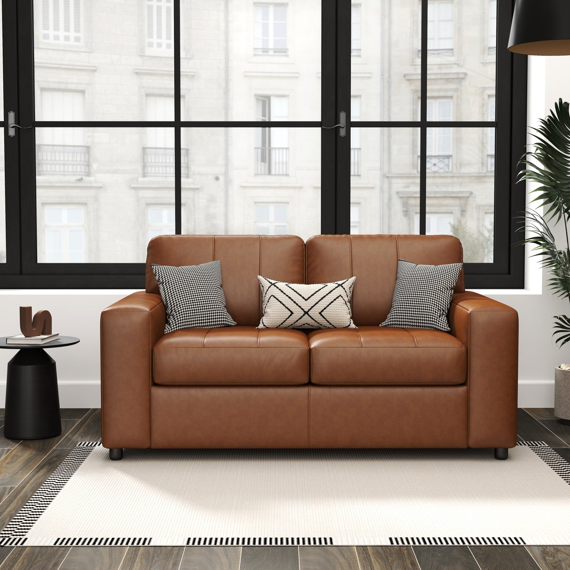 Roundhill Furniture Sakan Genuine Leather Upholstered Loveseat Sofa - Modern Two-Seater for Living Room, Lounge & Office