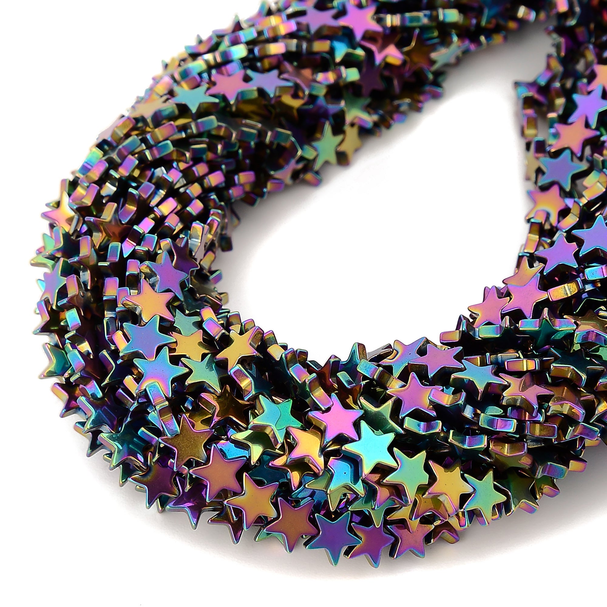 8mm Gold Silver Rainbow Plated Hematite Five-Pointed Star Beads - 15.5