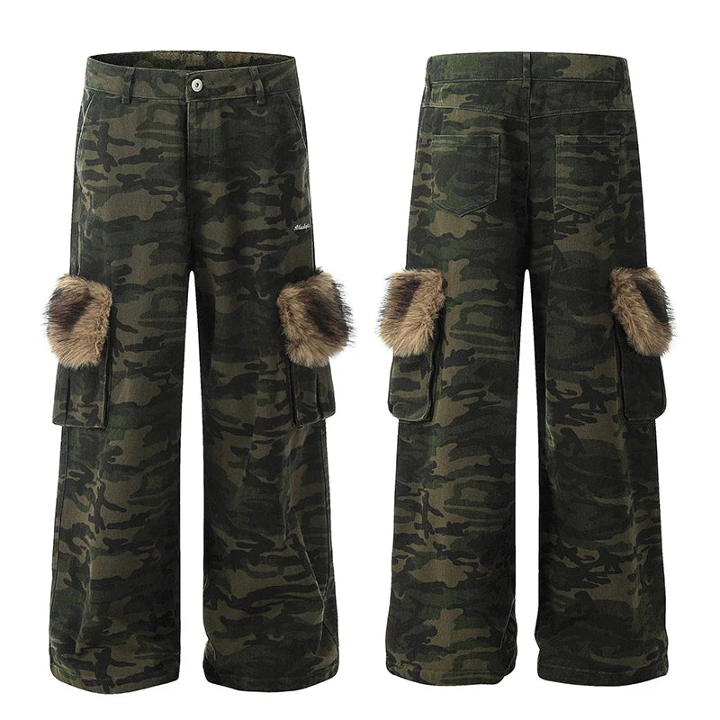 Men's Cargo Pants - American High Street Style Fur Design Loose Straight Wide Leg Pants with Multiple Pockets | Casual Streetwear for Outdoor, Travel & Everyday Wear (Style 9W1957)