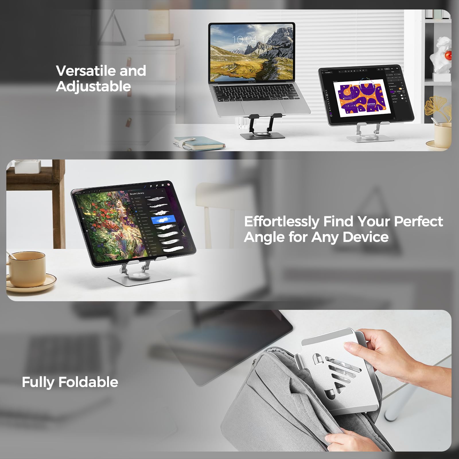 Adjustable & Foldable Tablet Stand for iPad Pro - 360° Rotating Base, Portable Monitor Stand for Desk - Perfect for Office, Home, or Travel (Black) - Ideal for Video Calls, Reading, and Hands-Free Viewing