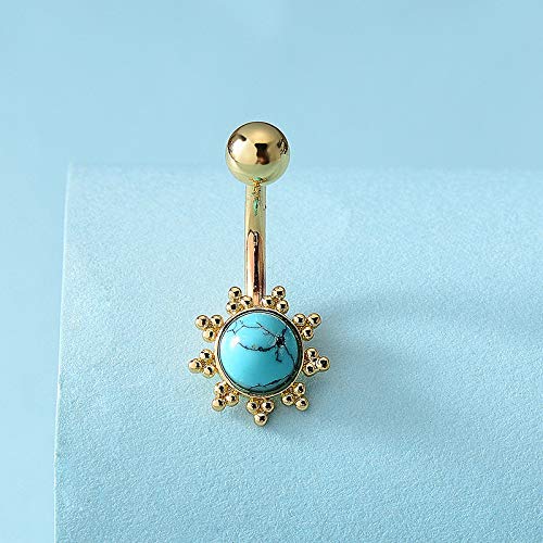 Turquoise Belly Button Ring for Women - 14K Gold Plated Boho Sunflower Navel Piercing Jewelry, Dainty Belly Ring for Summer Outfits & Beach Vacations | Flower Turquoise-Gold Belly Ring