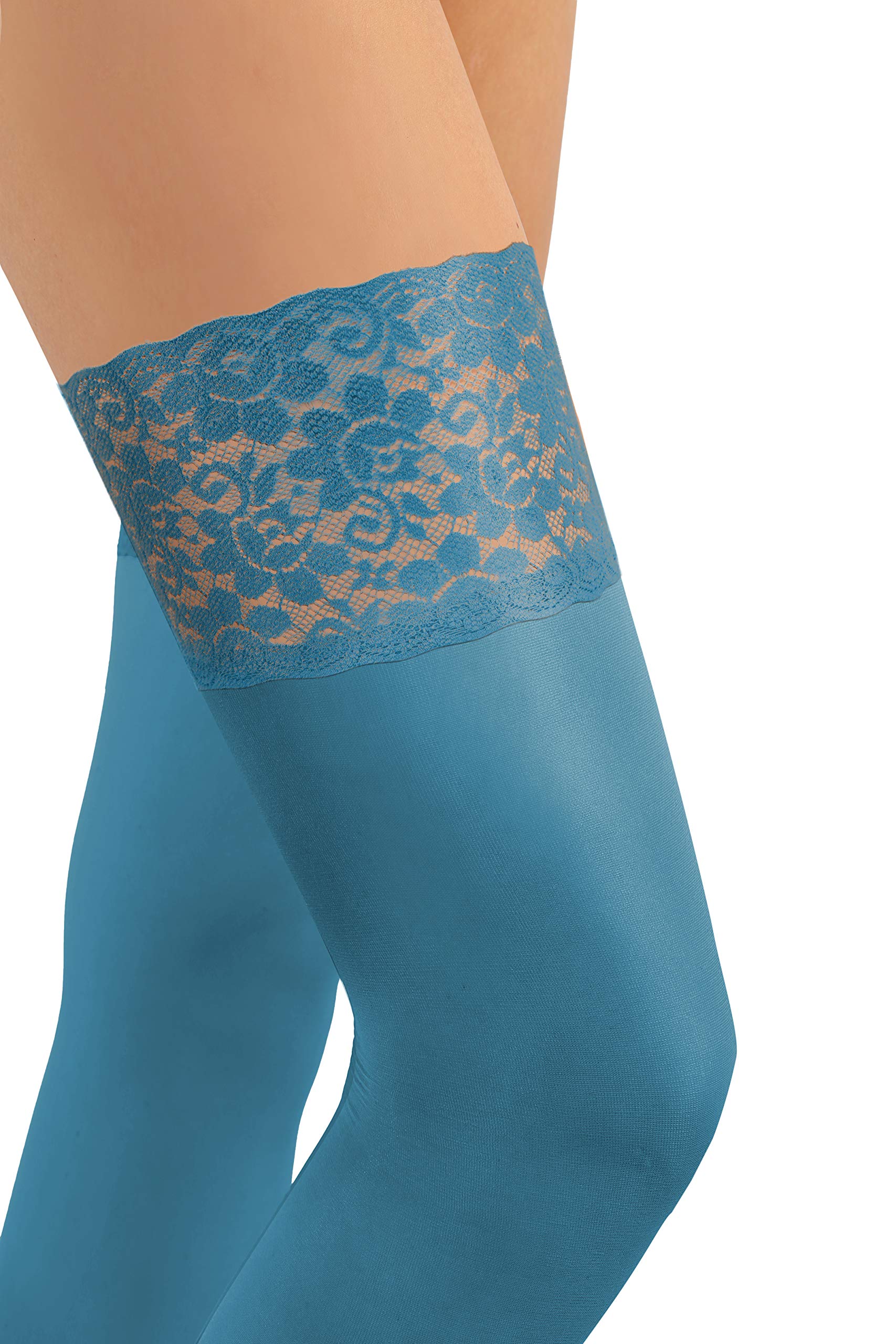 Sesto Senso Women's 50 Denier Opaque Hold Up Stockings - Microfiber Thigh Highs with Sexy Lace Top | Perfect for Date Night, Office Wear & Special Occasions